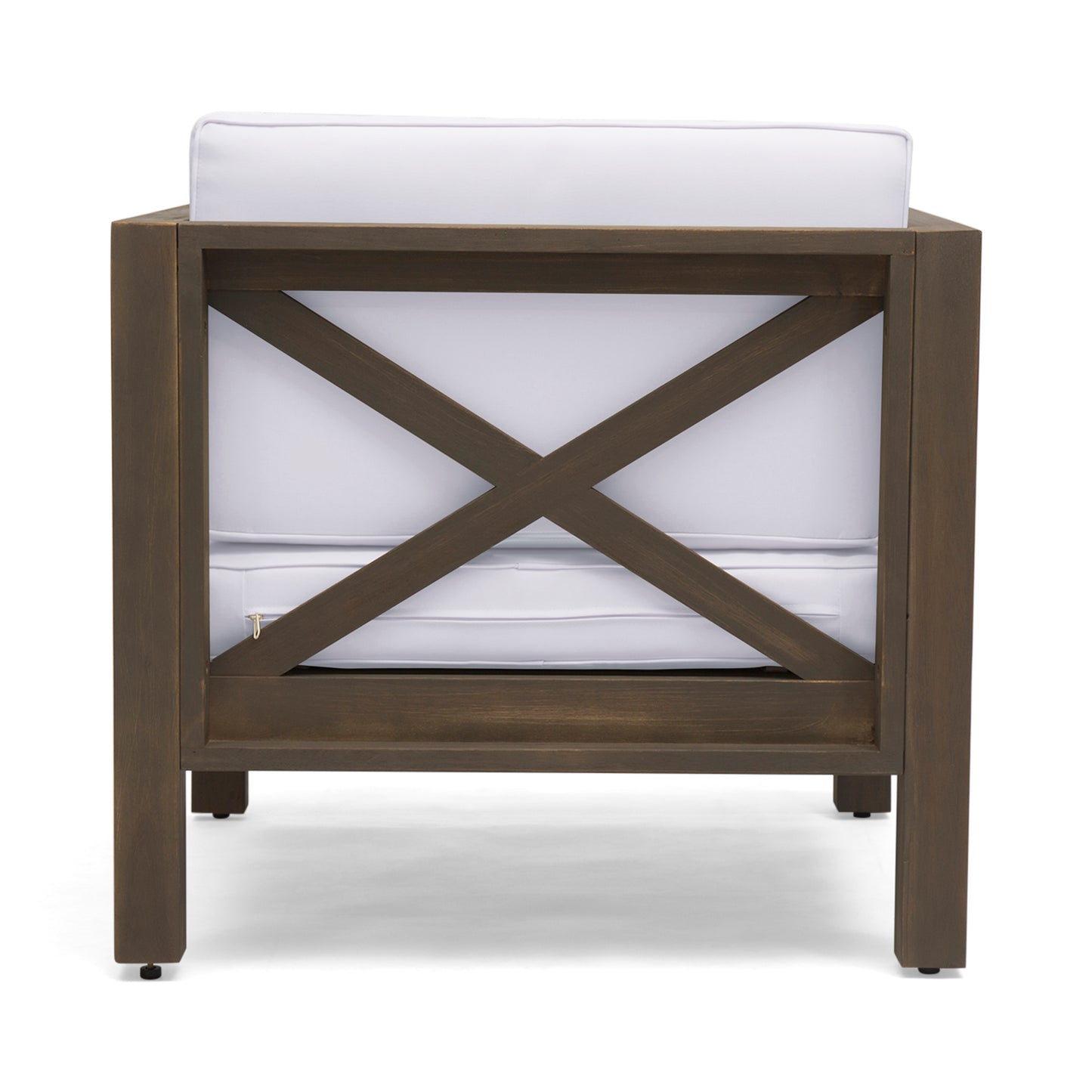 Dark wood outdoor armchair with Xback detail and plush white cushion