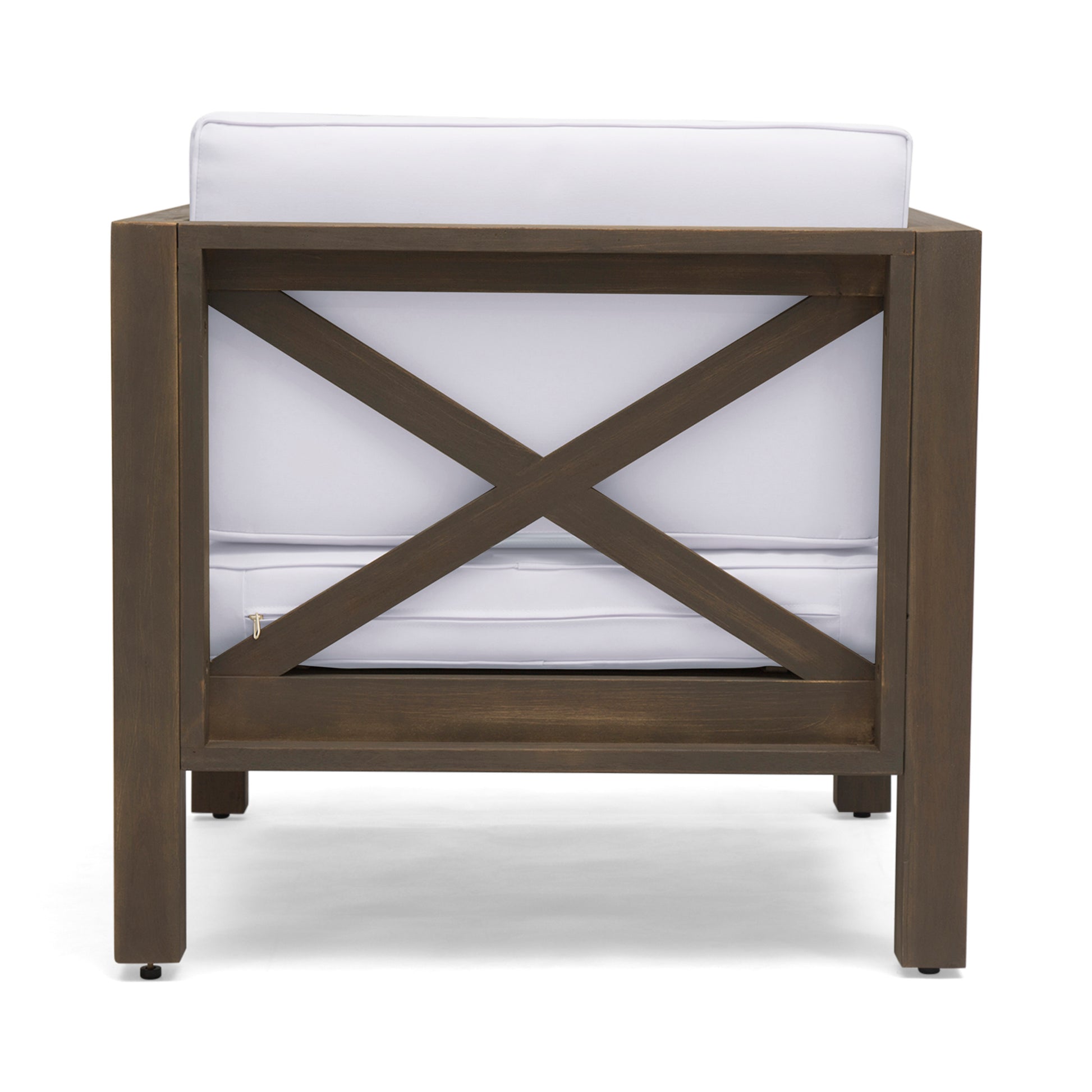 Dark wood outdoor armchair with Xback detail and plush white cushion