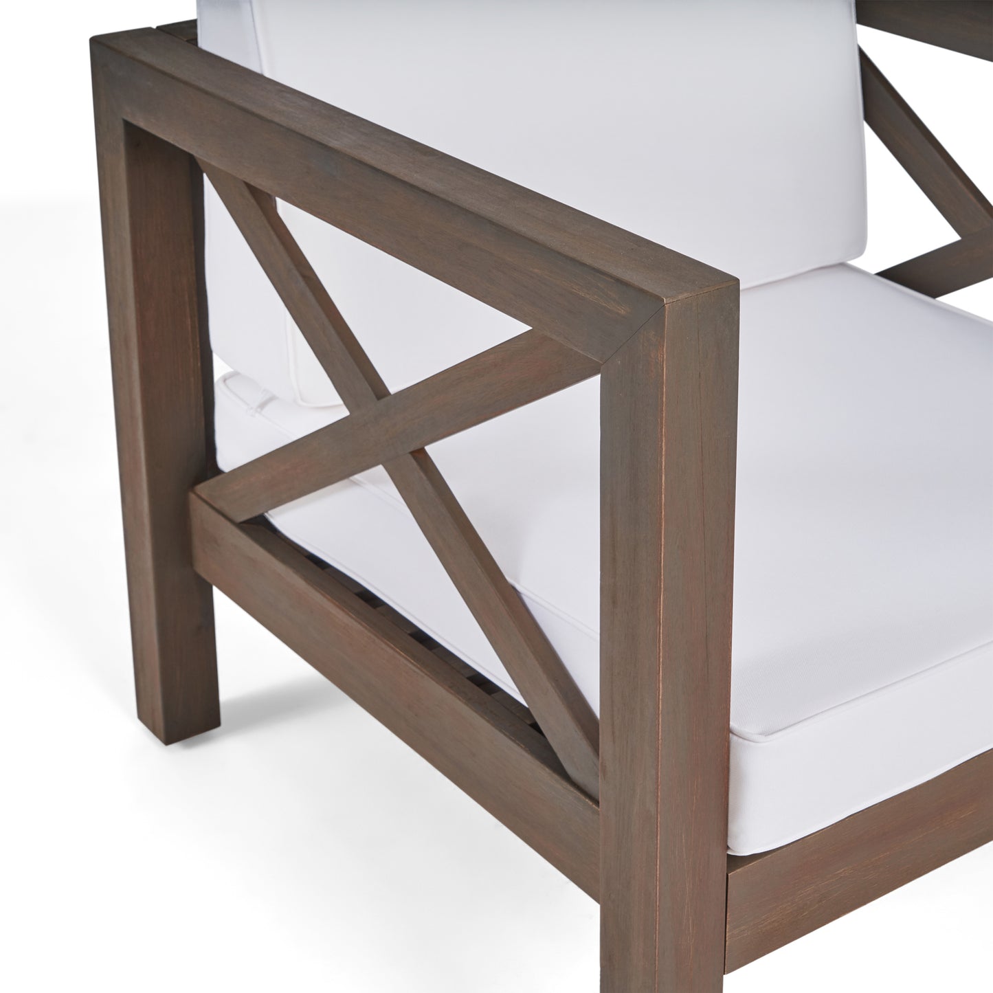 Dark brown wooden armchair with white cushion Xbrace detail