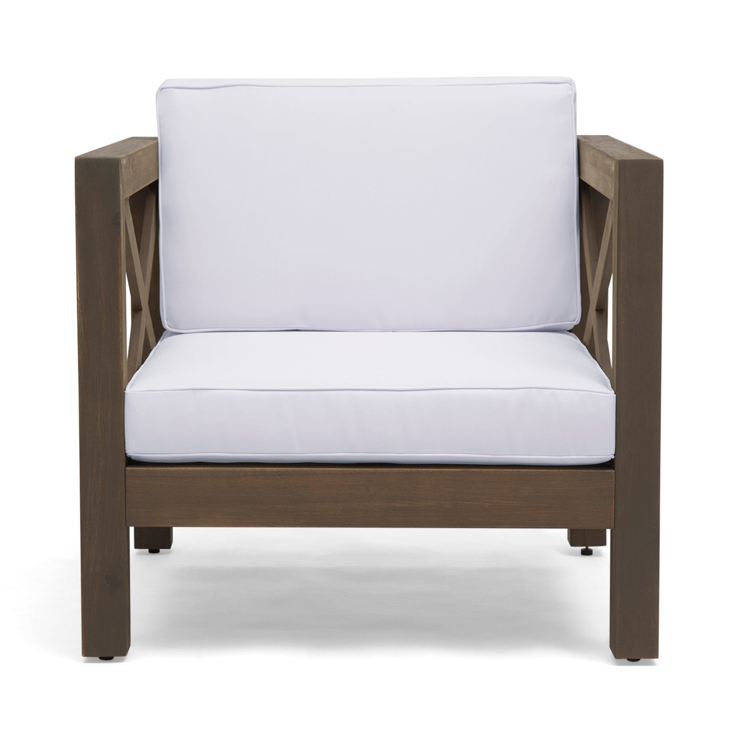 Dark brown wooden patio chair with plush white cushions and Xdetail armrests
