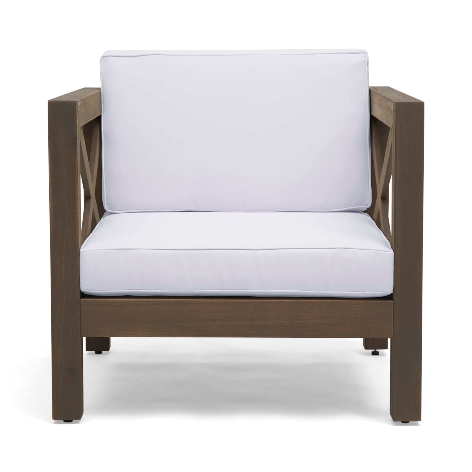Dark brown wooden patio chair with plush white cushions and Xdetail armrests