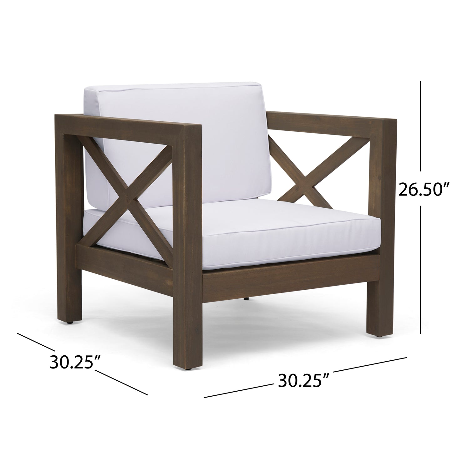 Dark brown wooden armchair with white cushions and Xshaped armrests