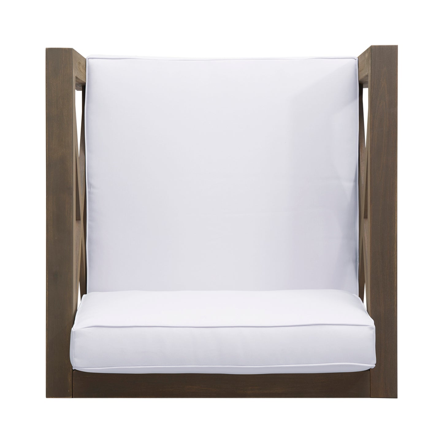 Dark wood armchair with plush white seat and back cushions