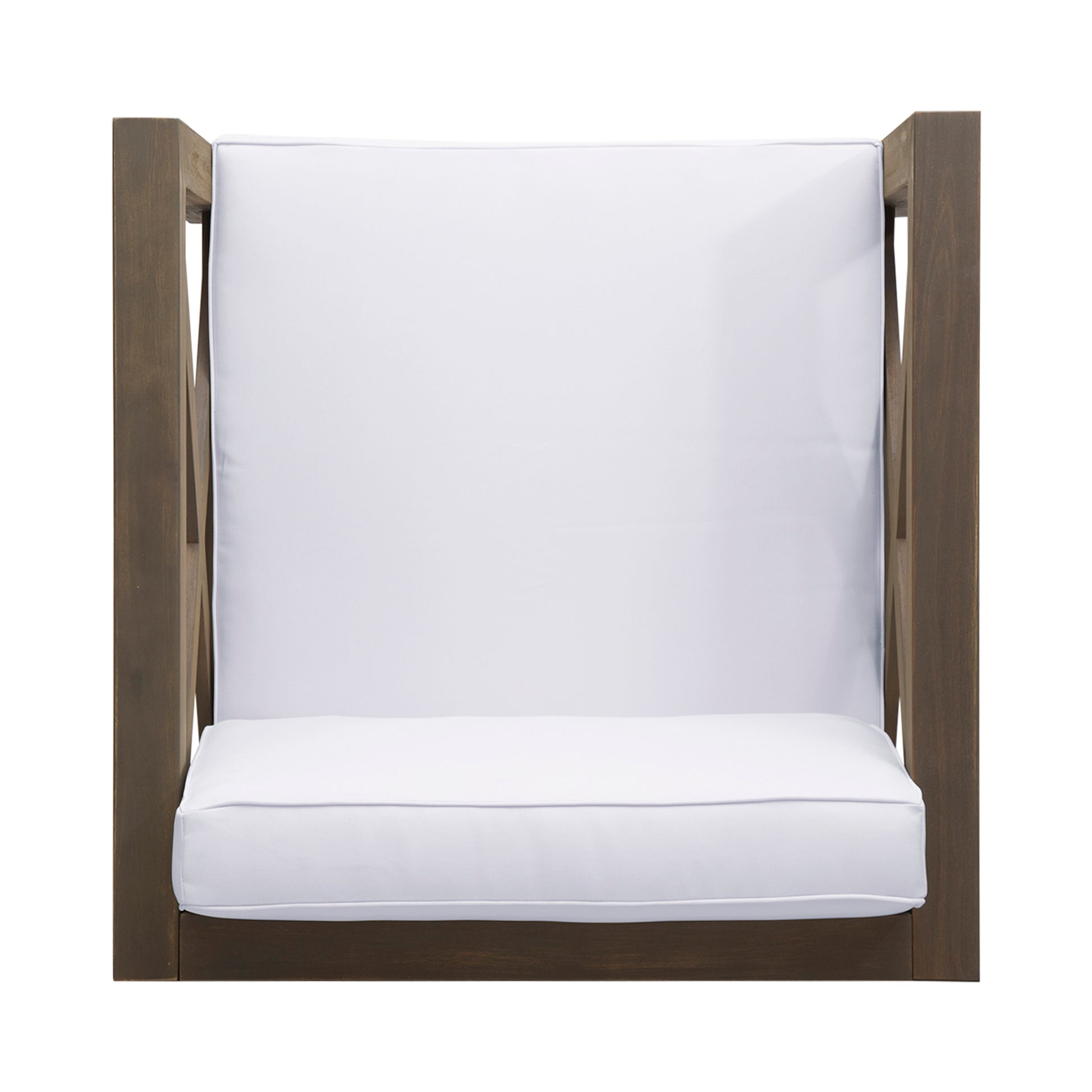 Dark wood armchair with plush white seat and back cushions