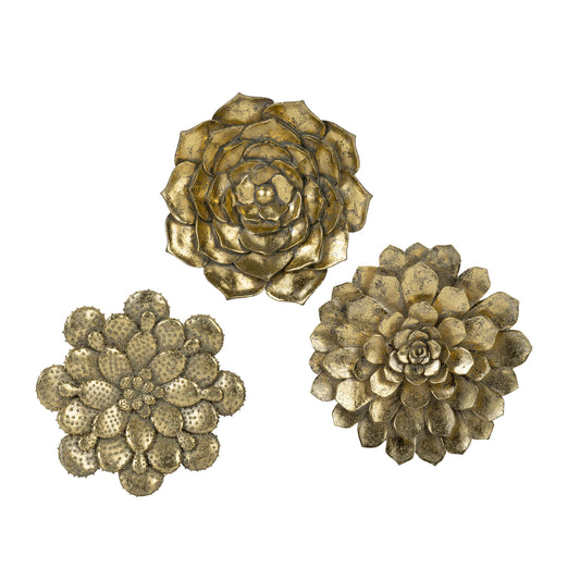 Set of  antique gold succulent wall art pieces metallic floral decor