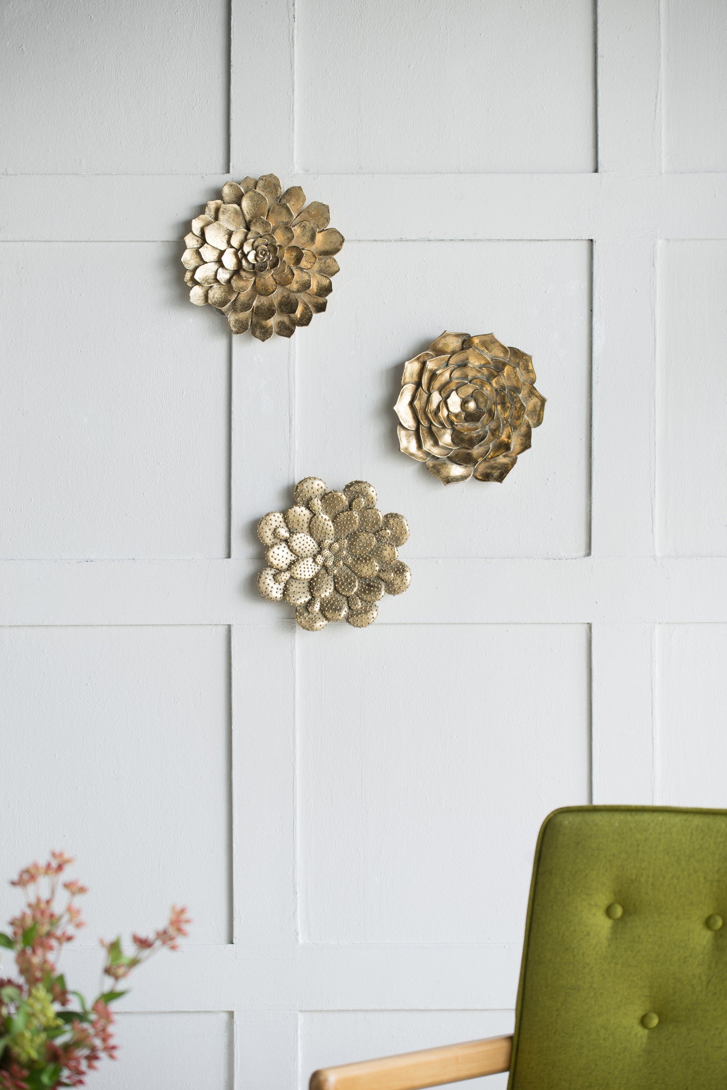 Set of three gold metal floral wall art sculptures perfect for modern decor