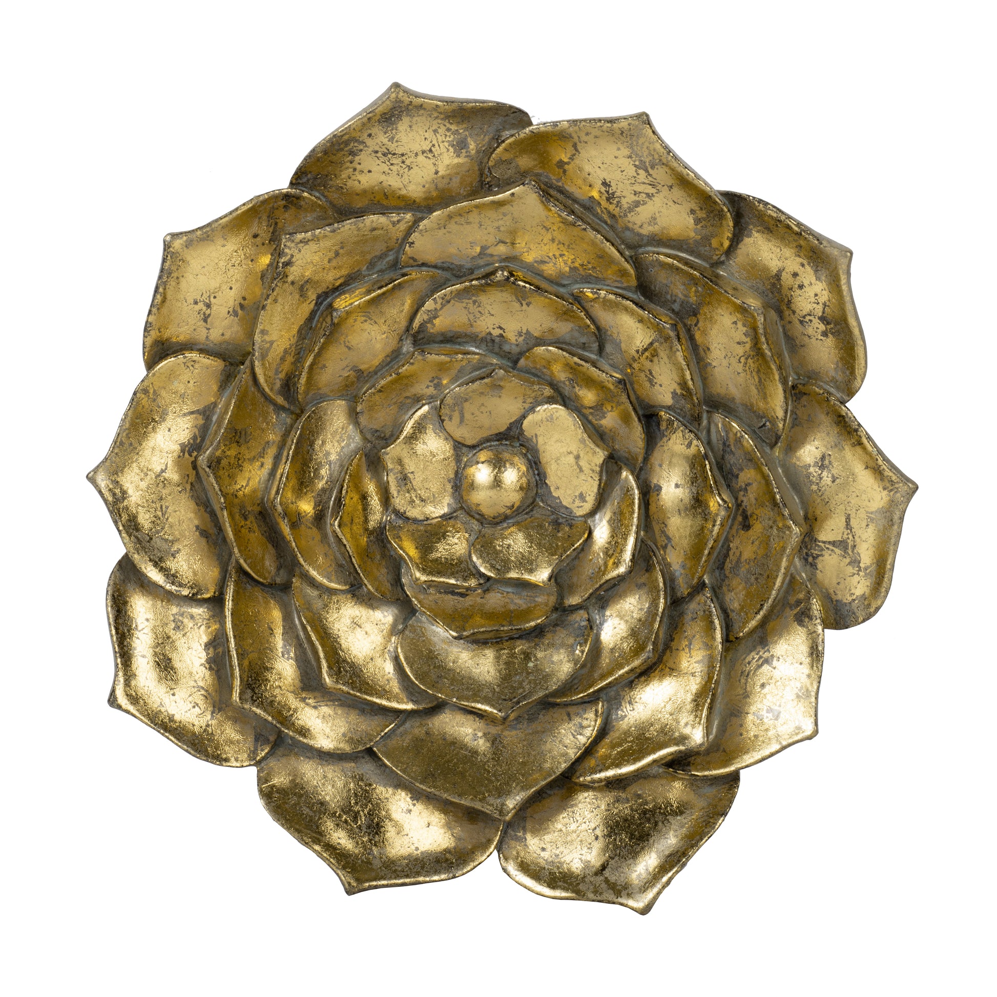 Ornate gold metal lotus wall decor with distressed antique finish for elegant home accent