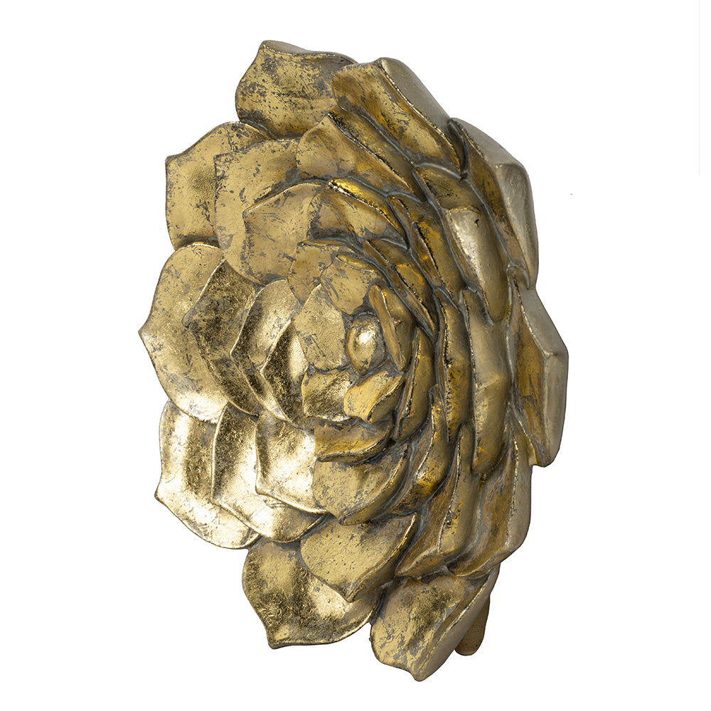 Antique gold metal succulent wall art with detailed textured petals