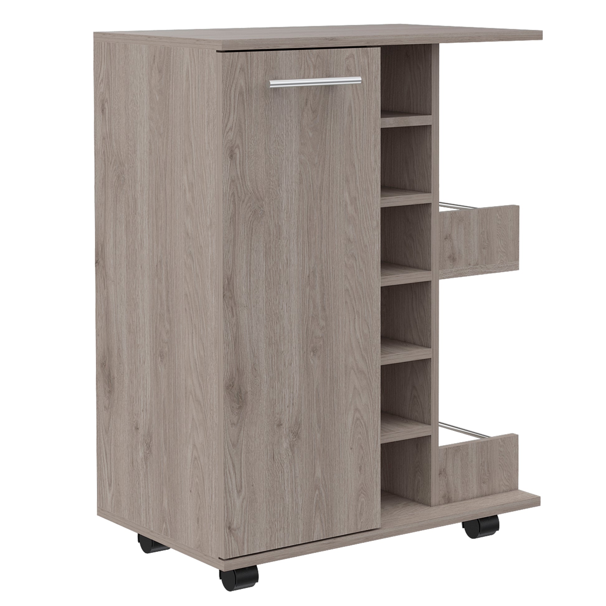 Gray wood rolling bar cart with cabinet and open shelves