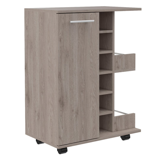 Gray wood rolling bar cart with cabinet and open shelves