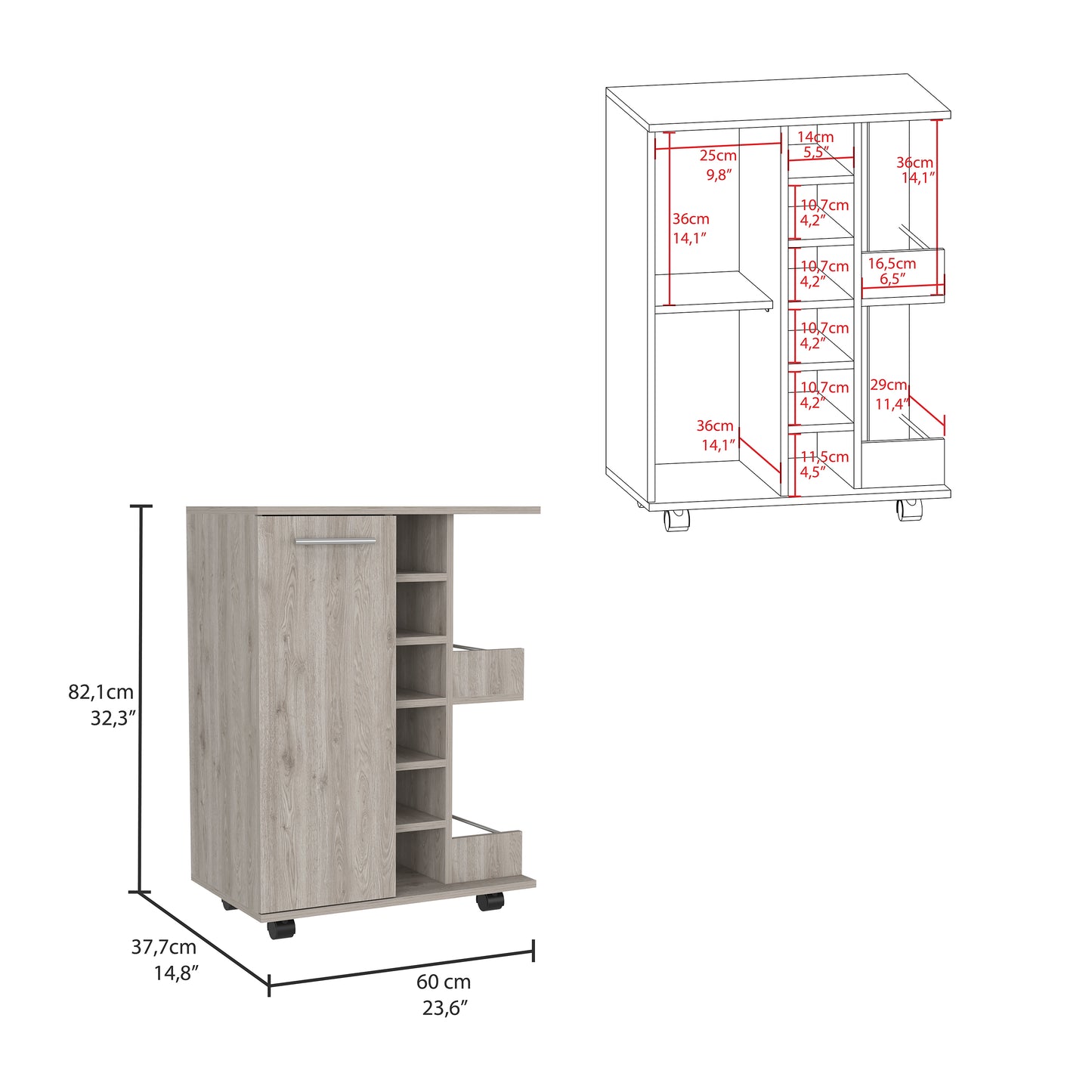 Gray wood rolling kitchen cart with shelves and drawer
