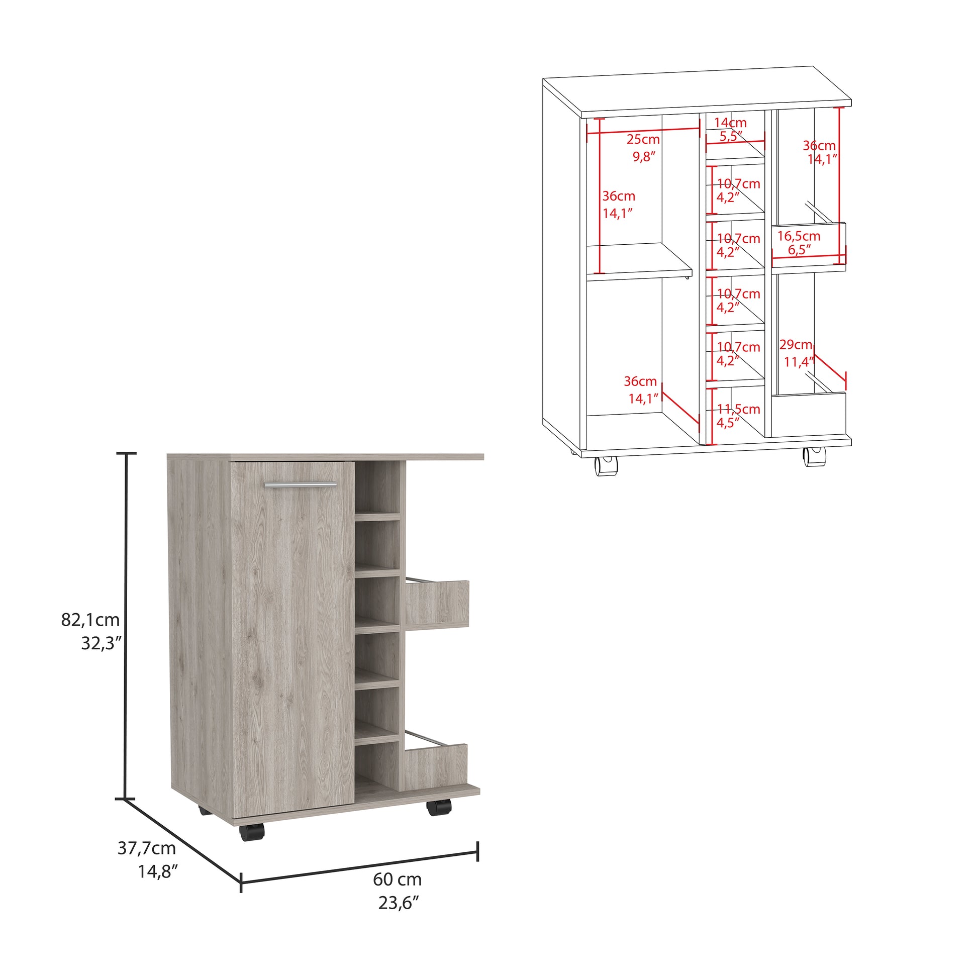Gray wood rolling kitchen cart with shelves and drawer