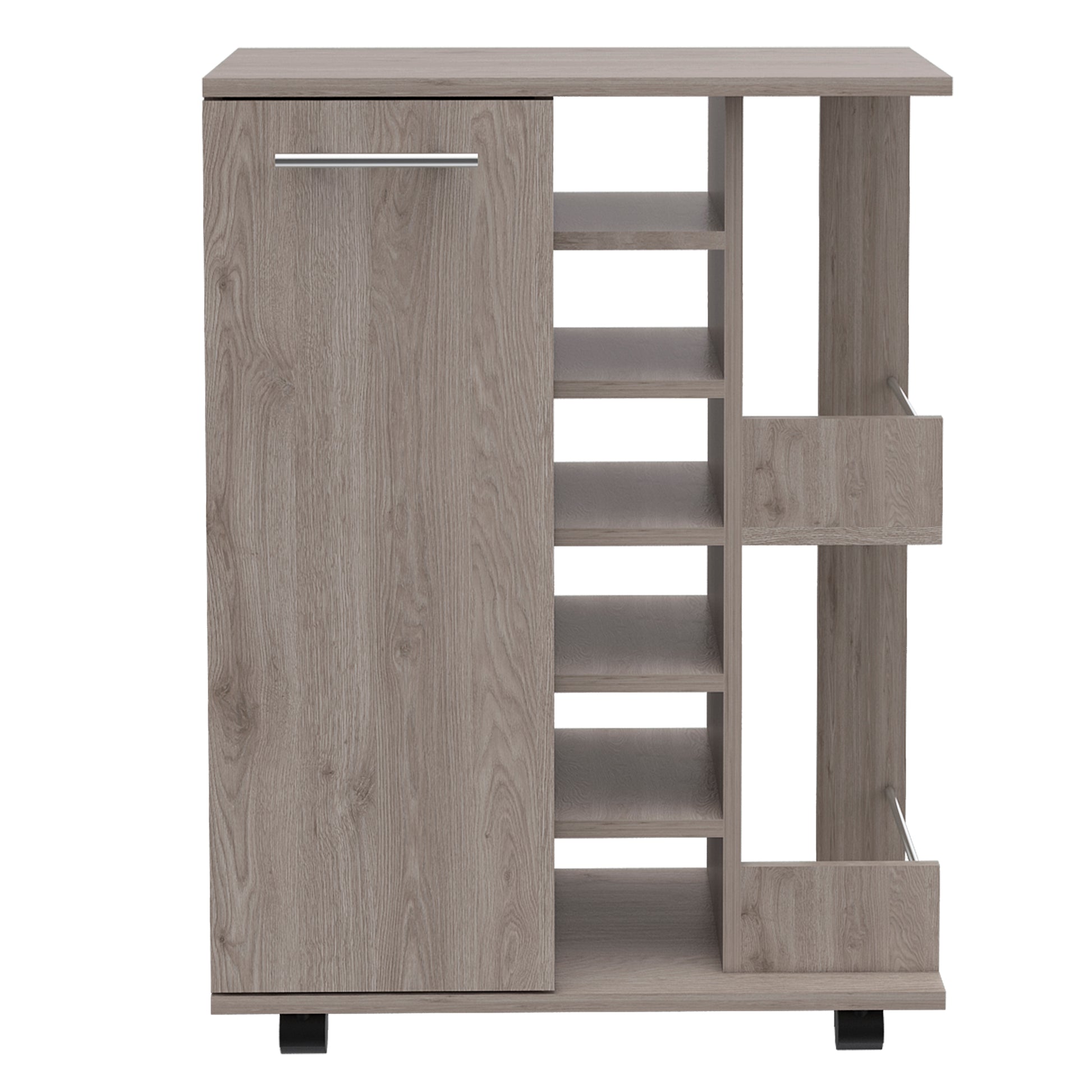 Modern grey wood bar cart with open shelves and a closed cabinet