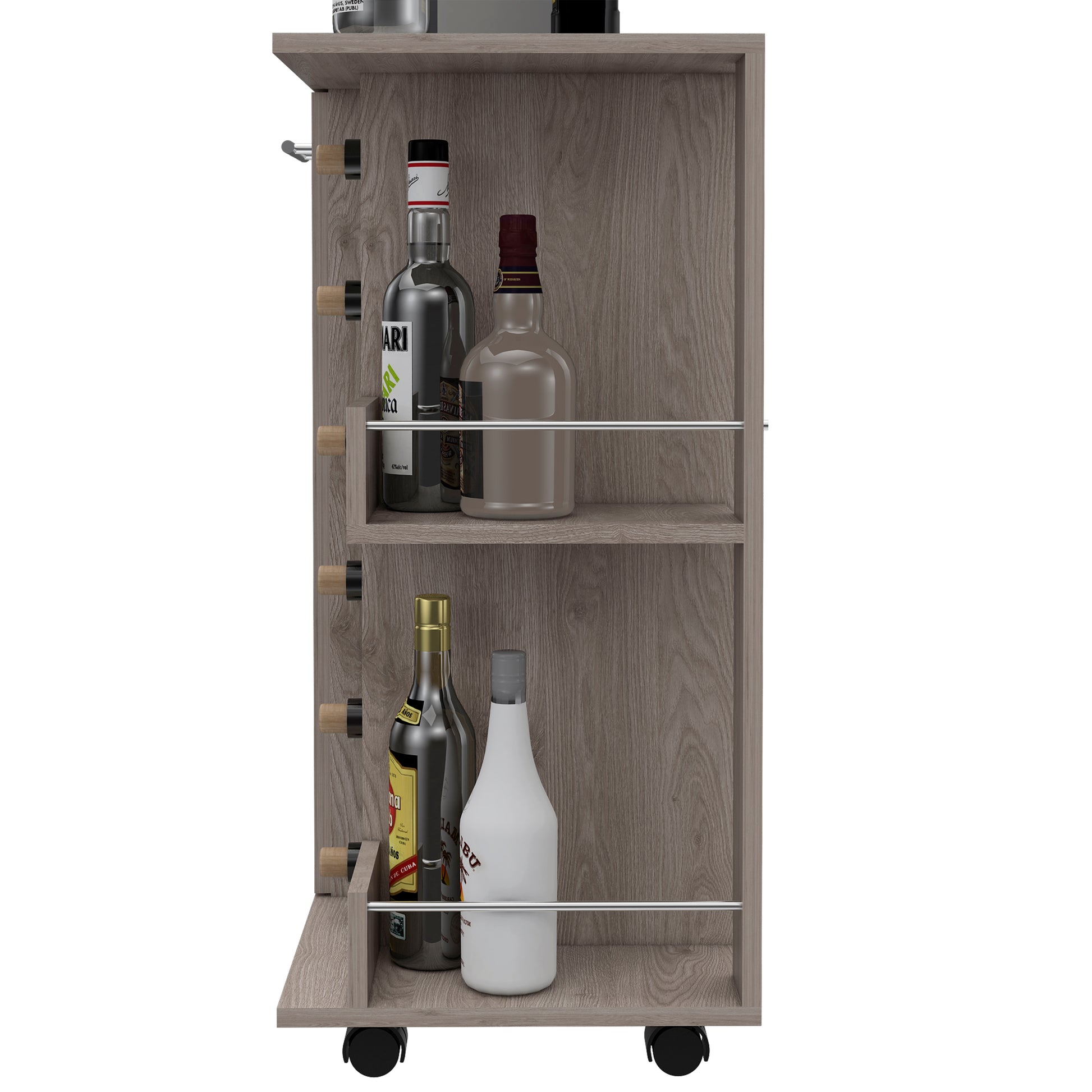 Grey wood bar cart with wheels holding wine bottles