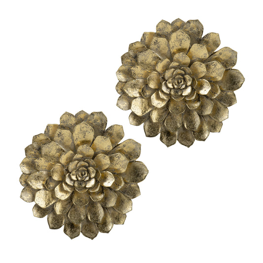 Textured gold metal succulent wall art set of  antique finish