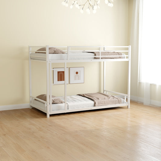 White metal twin bunk bed with mattresses and neutral bedding