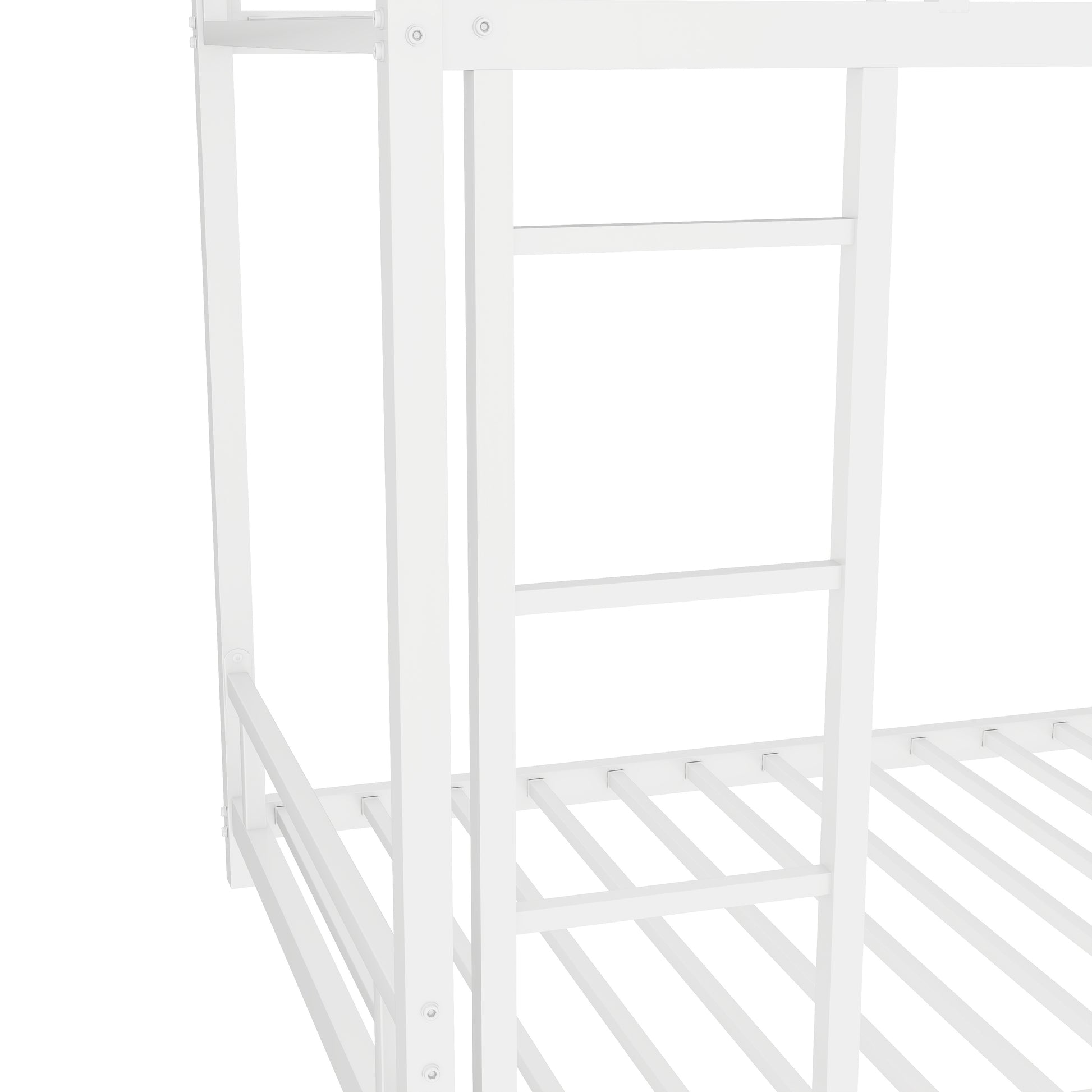 Closeup of white metal bunk bed frame with slatted mattress support