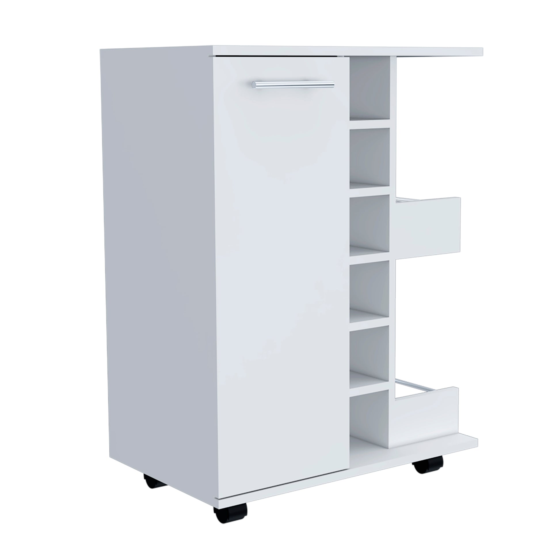 White rolling kitchen cart with handle and open shelving