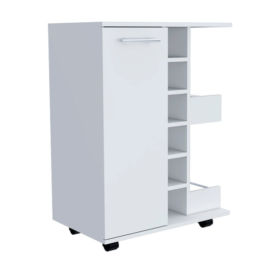 White rolling kitchen cart with handle and open shelving