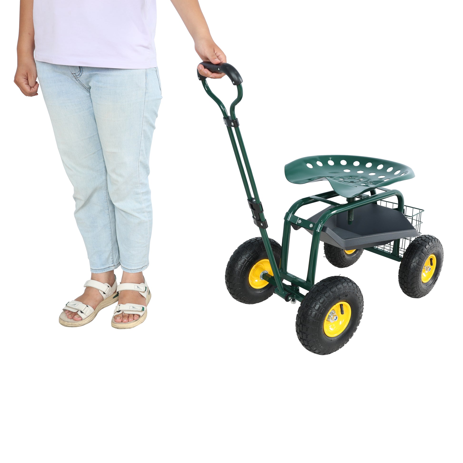 Green garden cart with rolling seat and storage basket pulled by a person