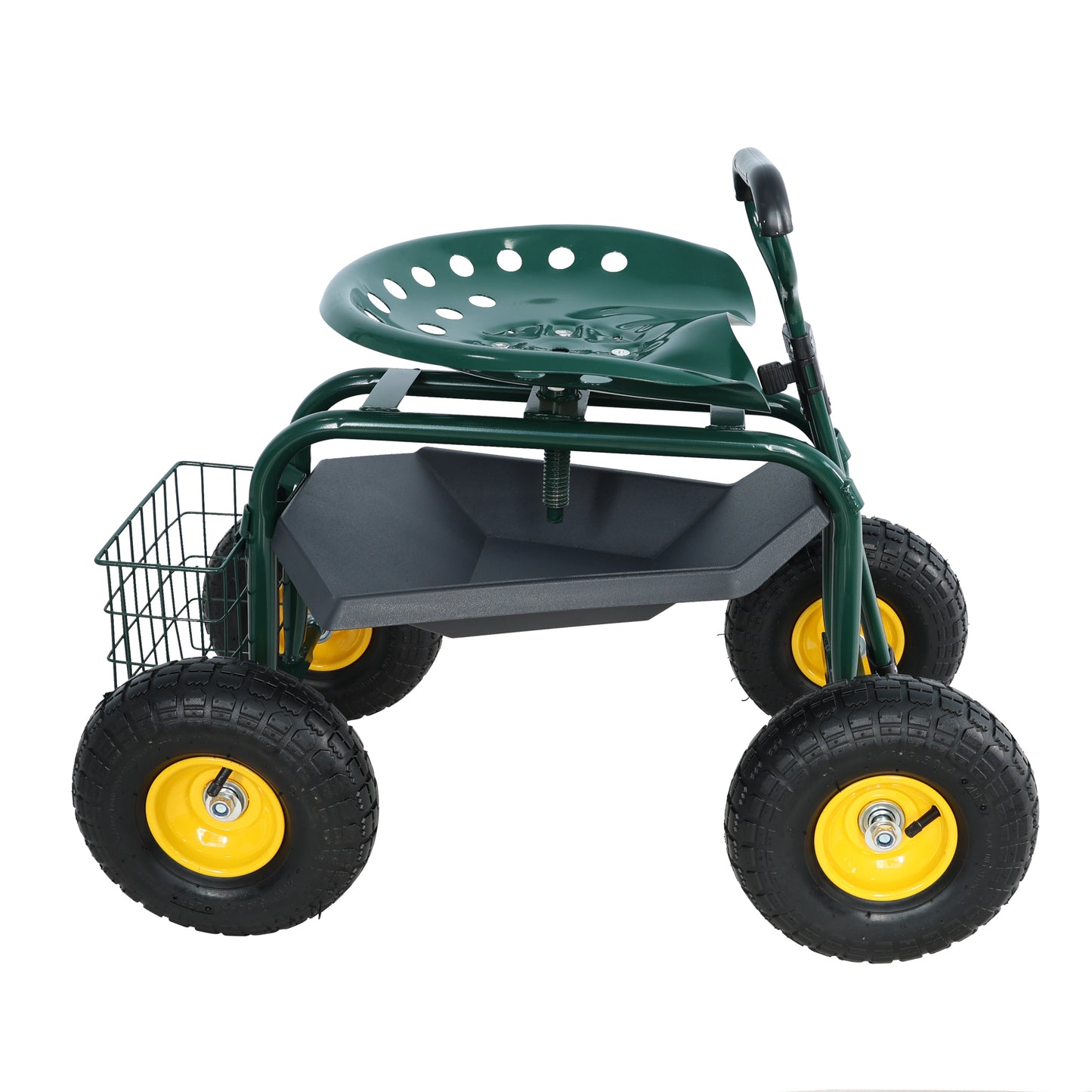 Green garden cart with rotating seat storage tray and wire basket for gardening tools