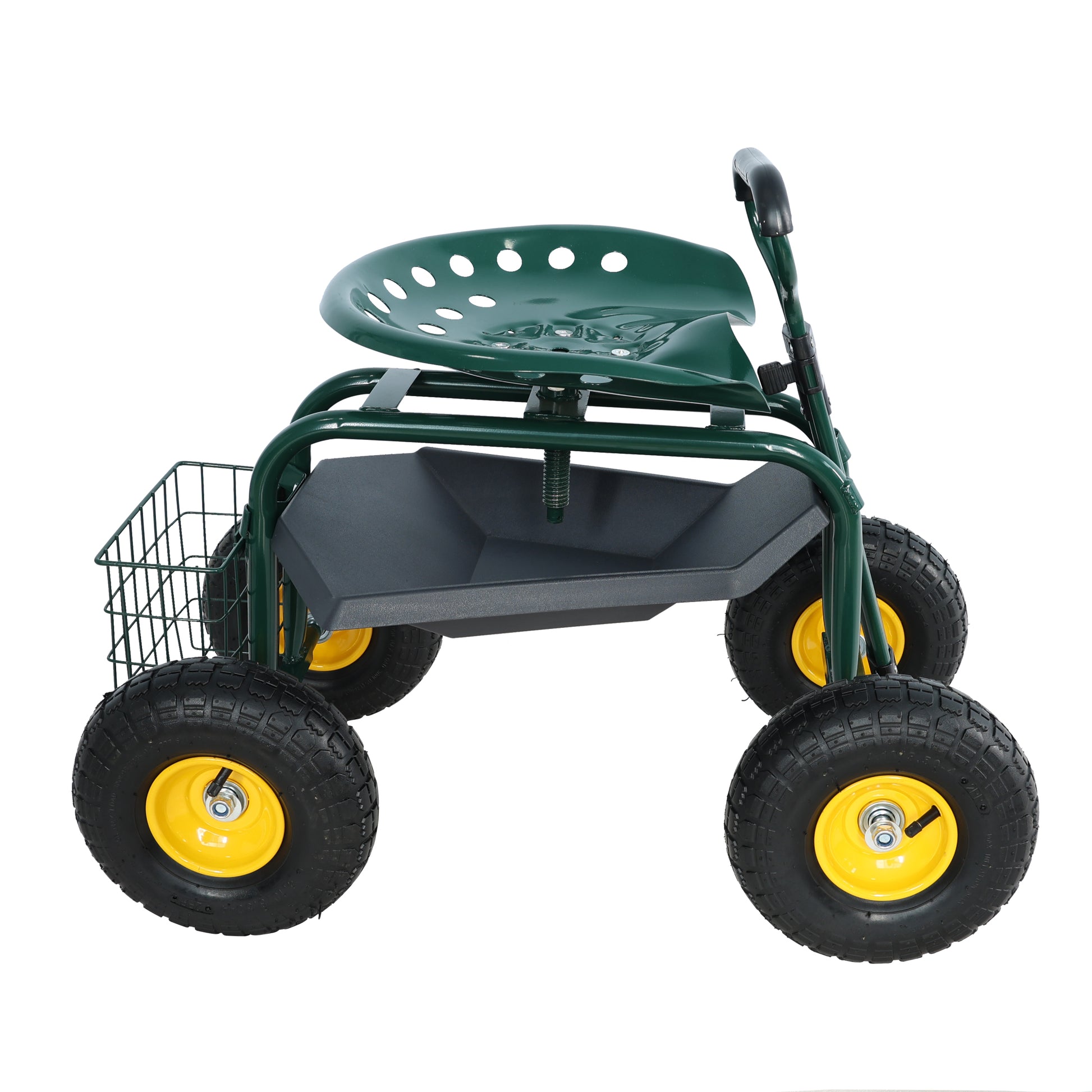 Green garden cart with rotating seat storage tray and wire basket for gardening tools
