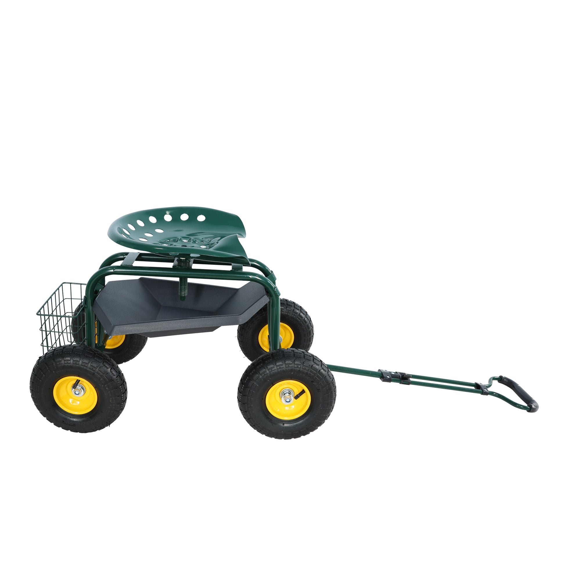 Green garden cart with a perforated seat storage tray and rear basket