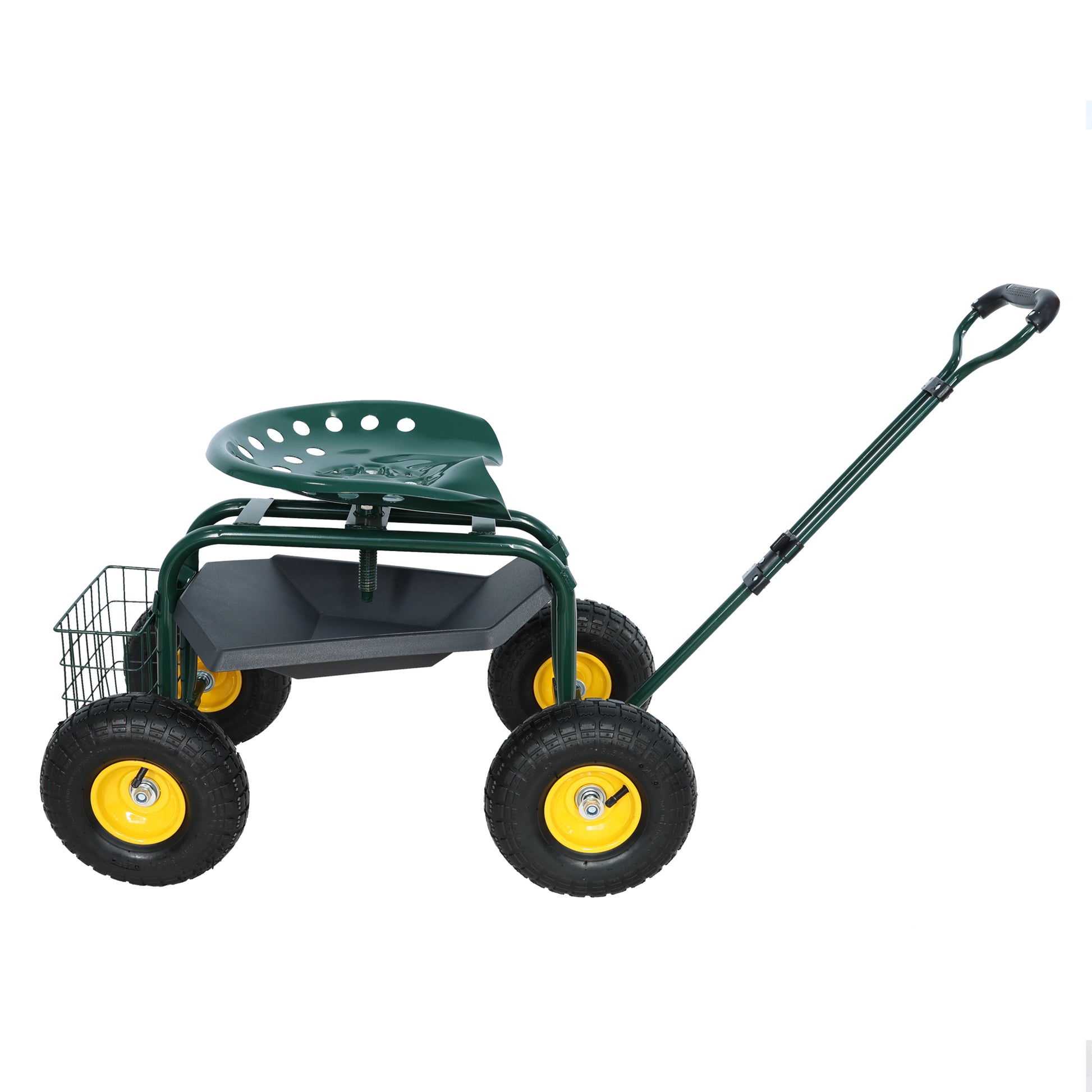 Green garden cart with rolling seat and tool basket for gardening