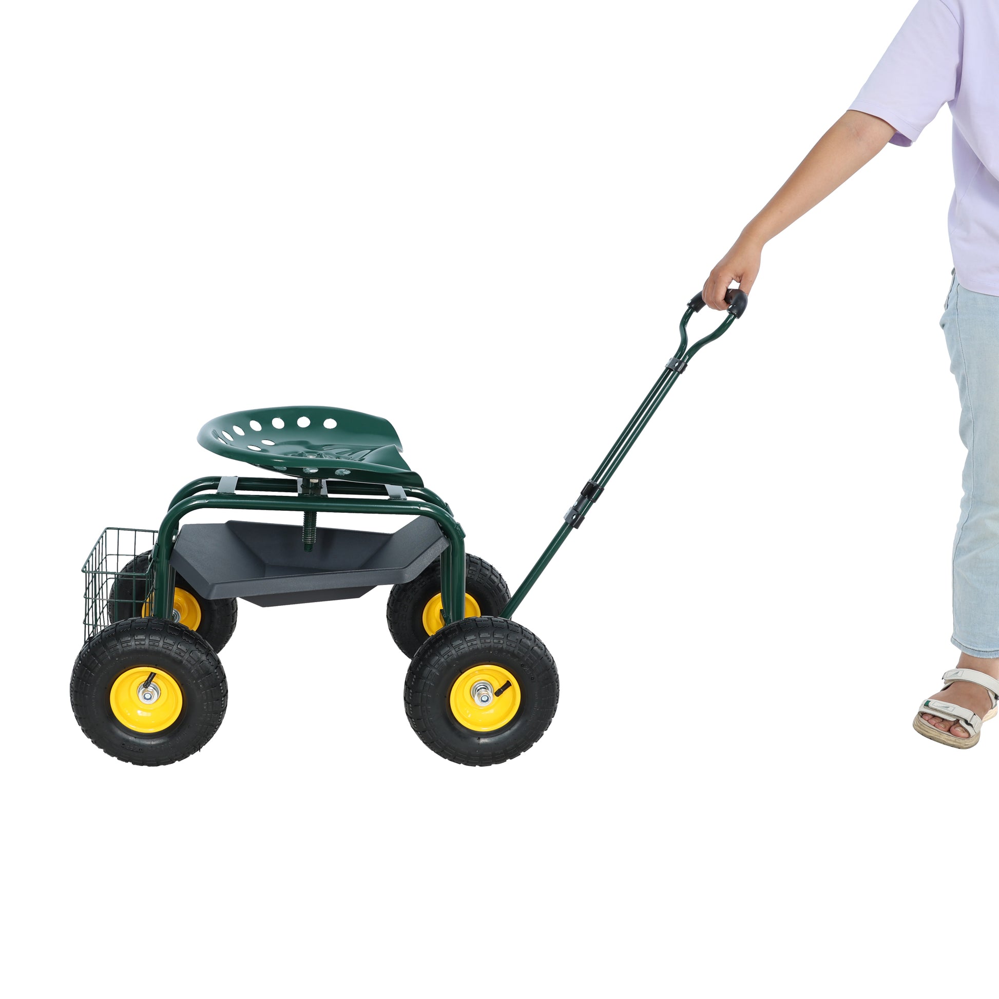 Green garden creeper with storage basket and large wheels for easy maneuverability