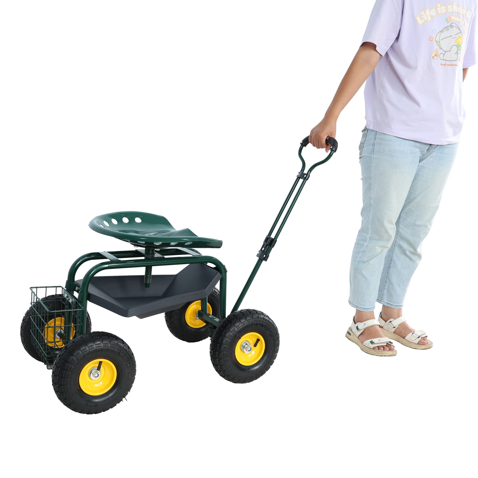 Green garden cart with seat and storage bin featuring four wheels and pull handle