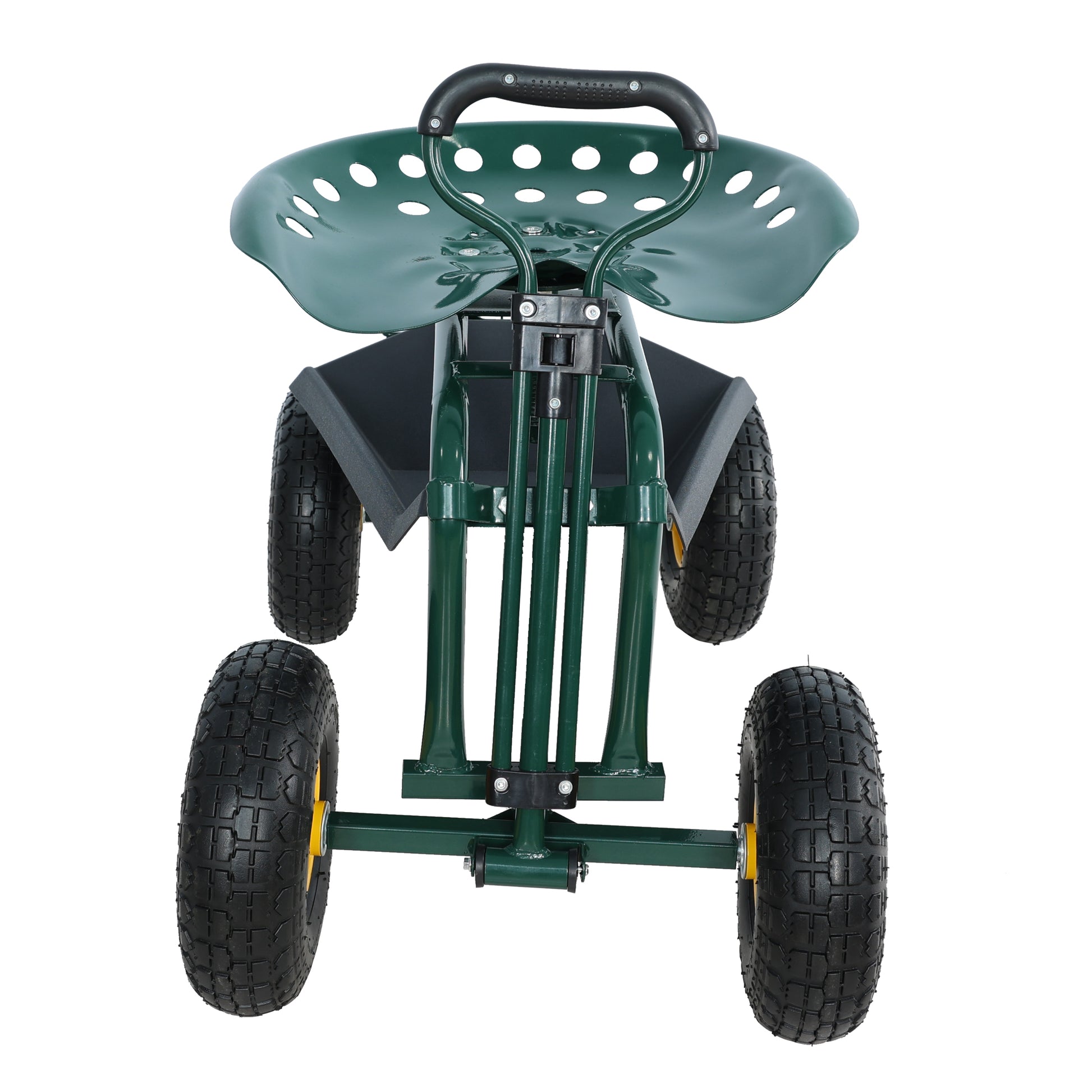 Green rolling garden seat with four black tires and a pull handle
