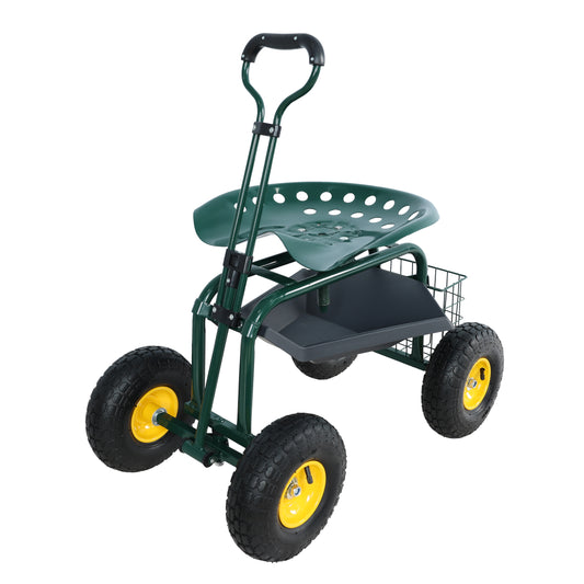 Green garden cart with a builtin seat and storage tray for tools and supplies