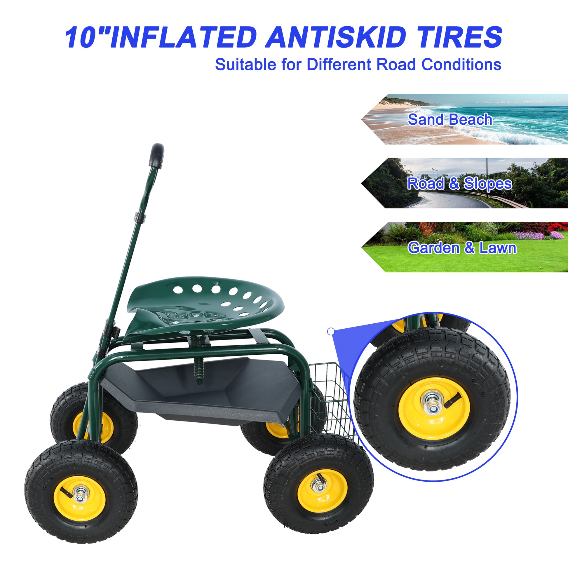 Green garden cart with inch inflated antiskid tires and adjustable seat