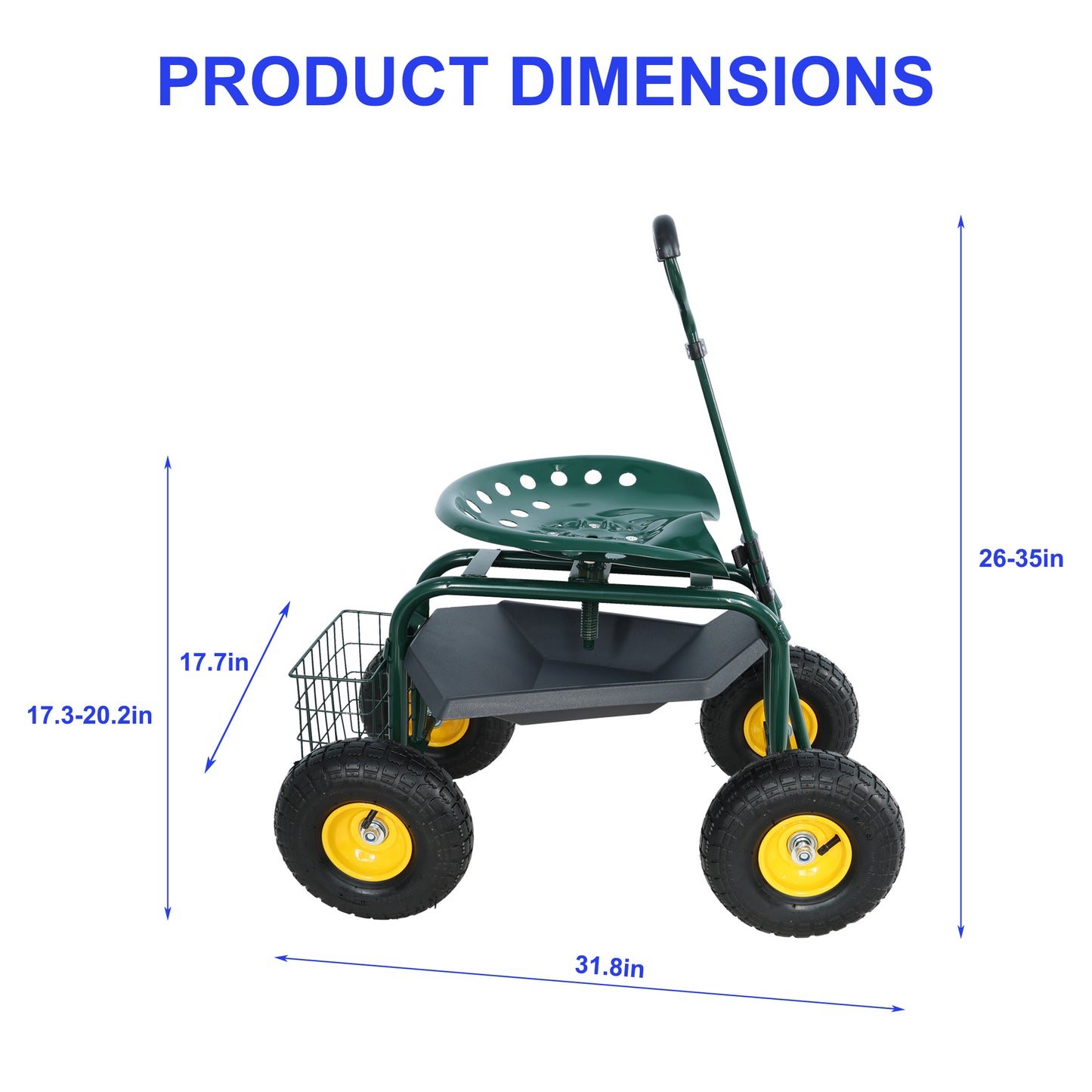 Green rolling garden cart with adjustable seat and storage bin perfect for yard work