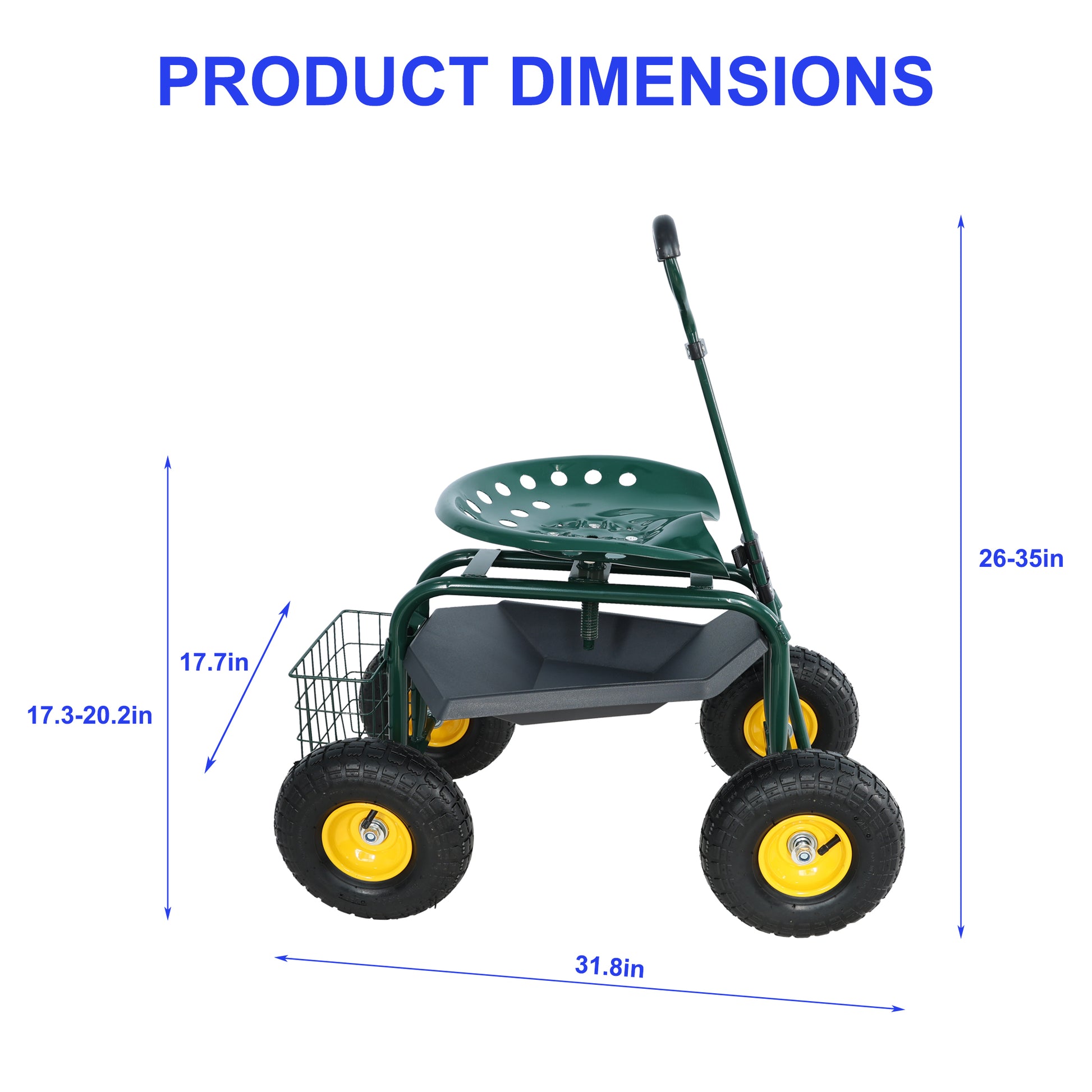 Green rolling garden cart with adjustable seat and storage bin perfect for yard work