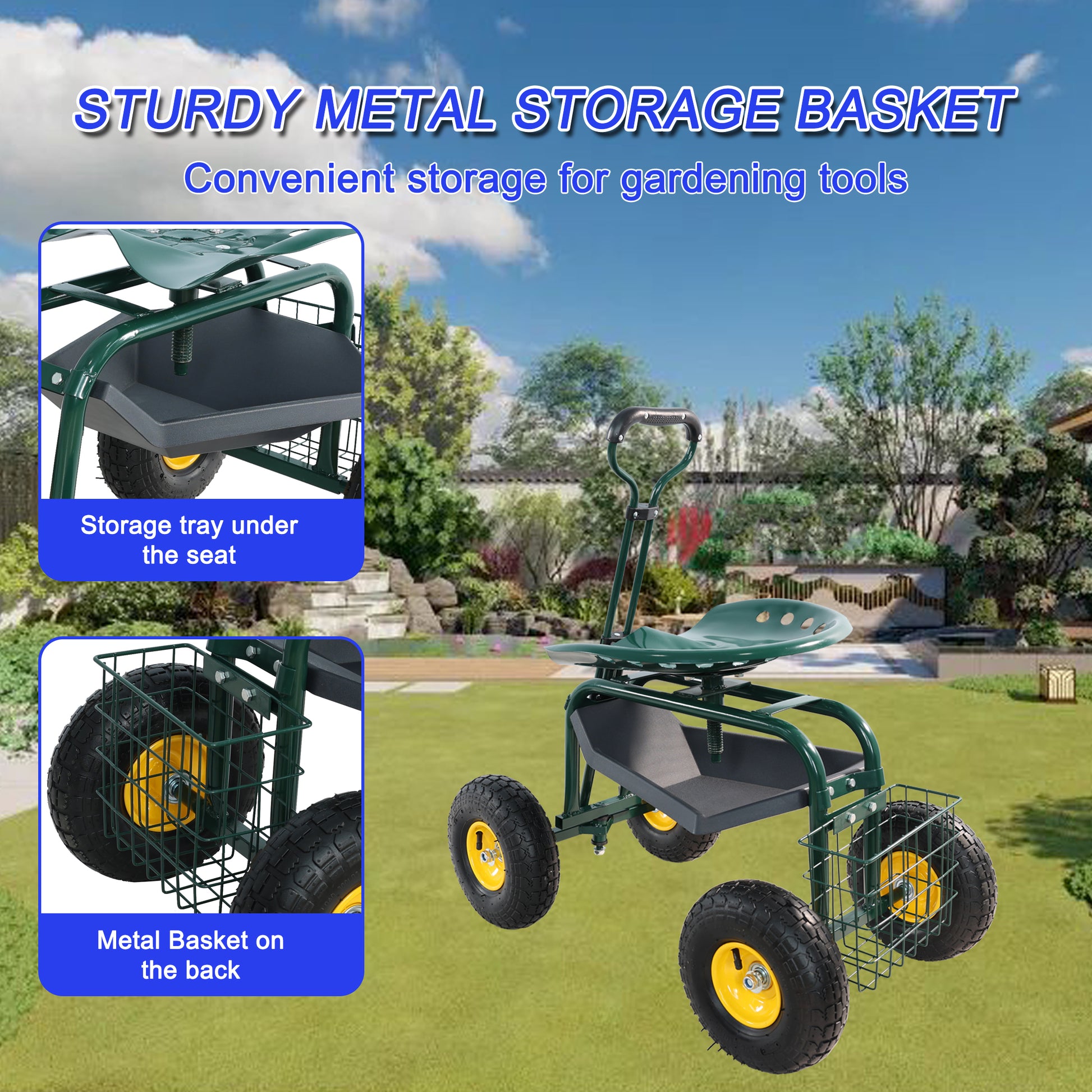 Green metal garden cart with swiveling seat and storage tray for gardening tools