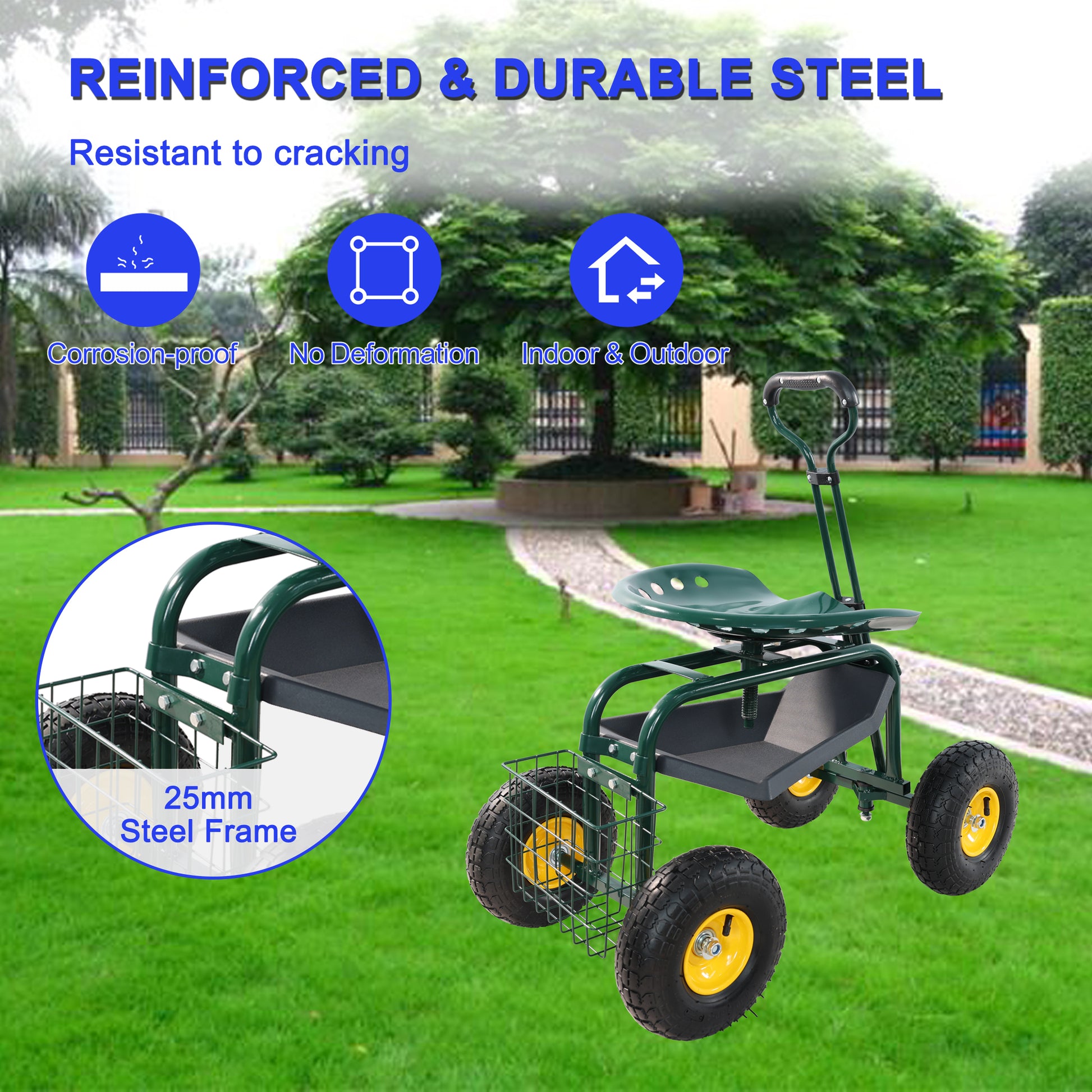 Green steel garden cart with a rolling seat and storage basket for comfortable outdoor tasks