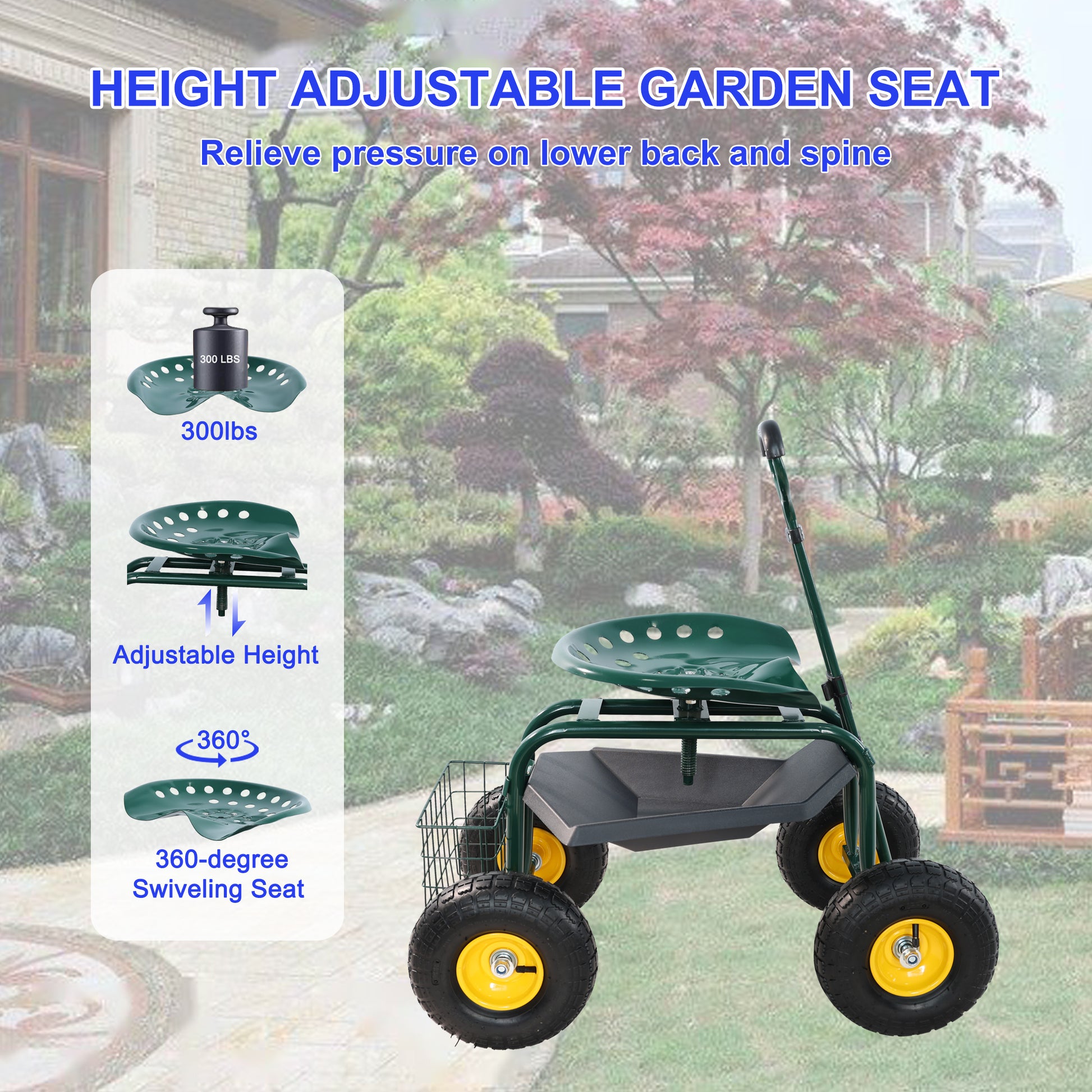 Green adjustable height garden seat with degree swivel and storage basket