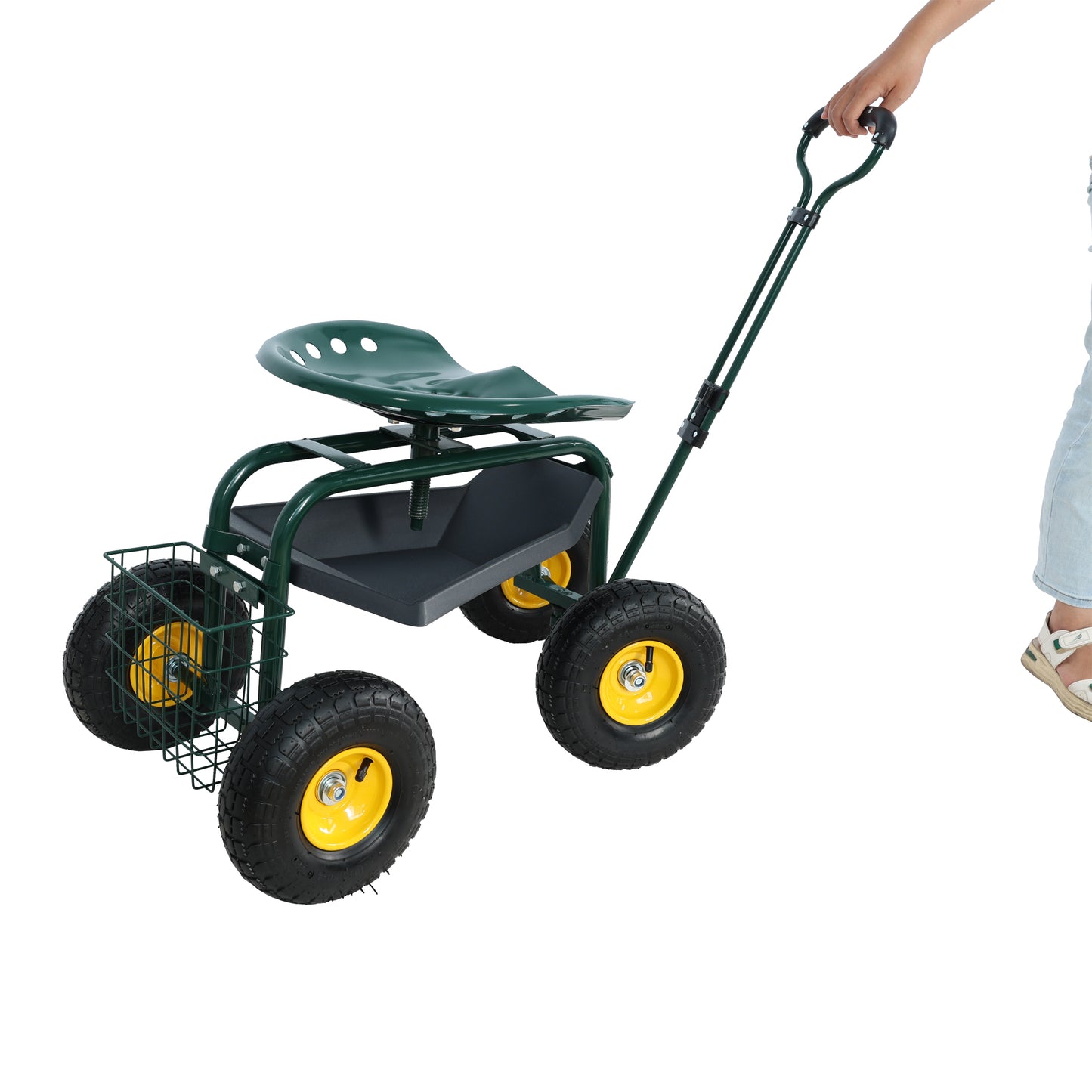 Green steel garden cart with adjustable seat and storage basket