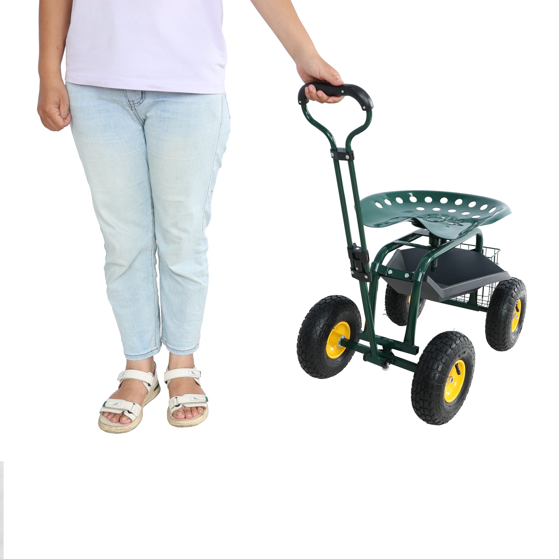 Green garden cart with rolling seat and storage tray ideal for gardening tasks