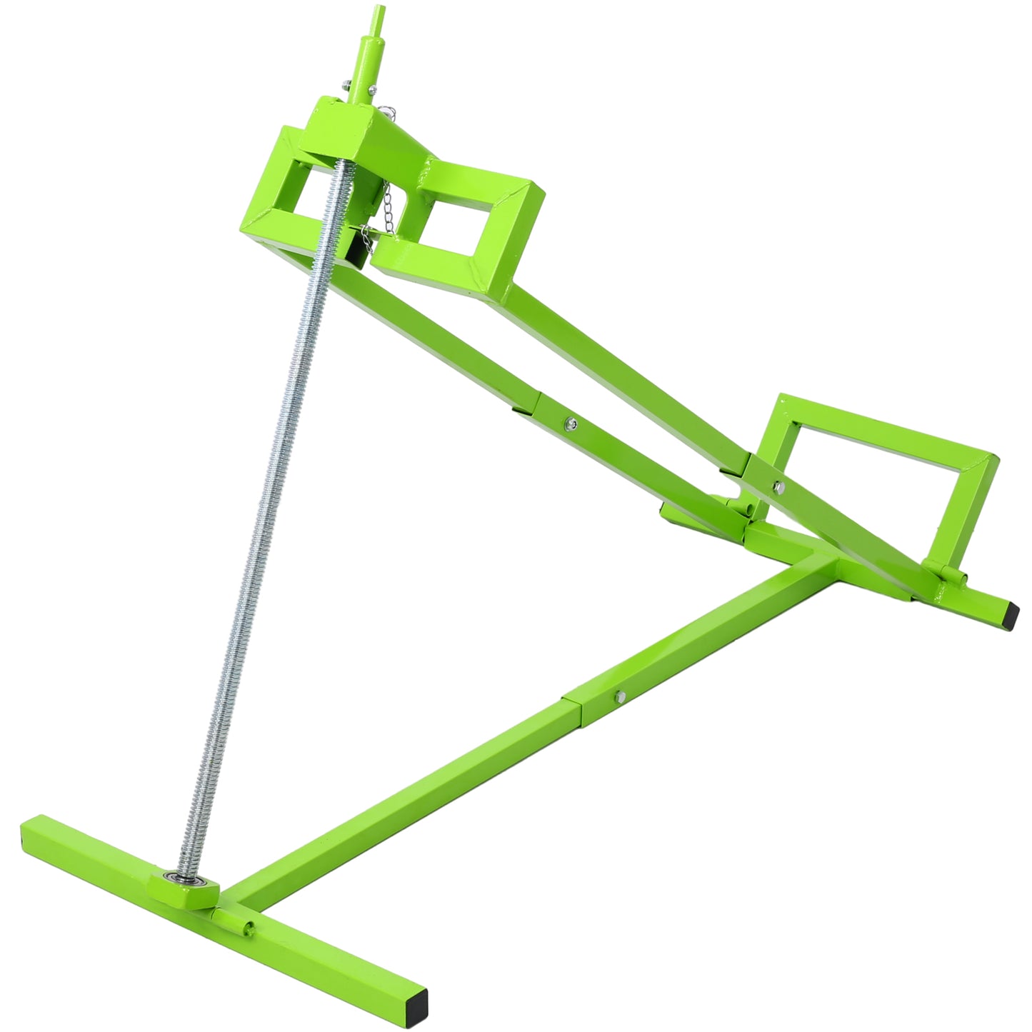 Green metal tire changer tool with threaded rod for easy operation