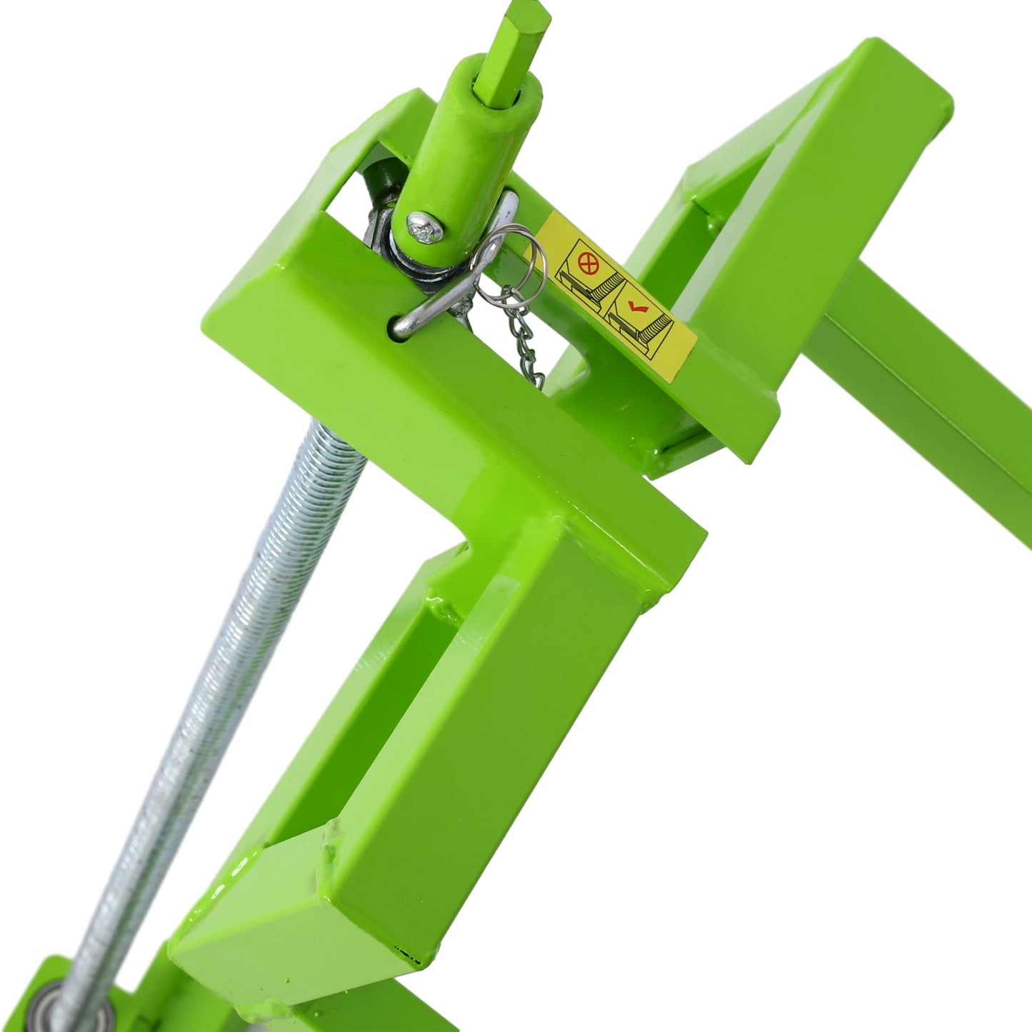 Green metal jack stand with screw adjustment mechanism for automotive repair