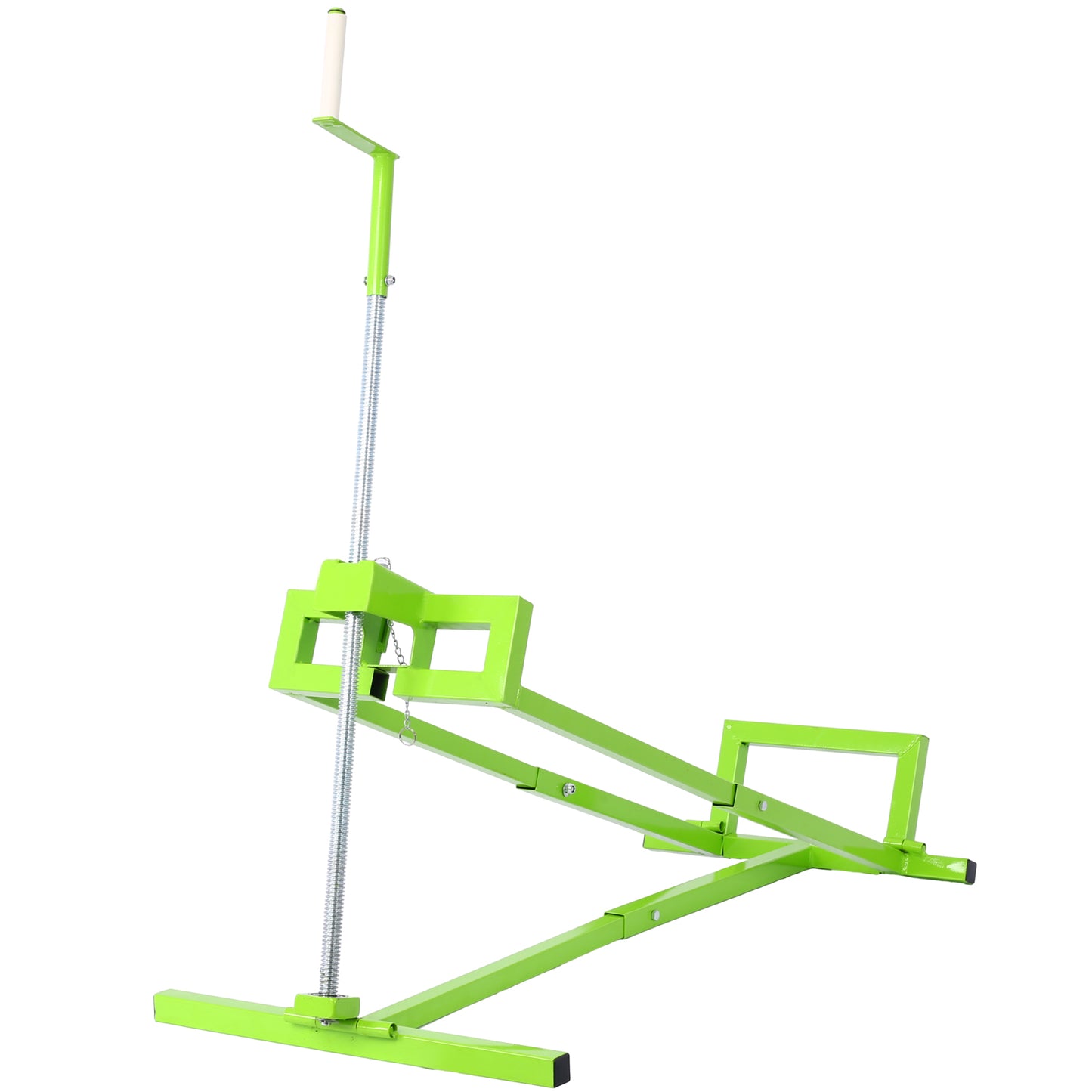 Green metal jack stand with adjustable crank for lifting vehicles
