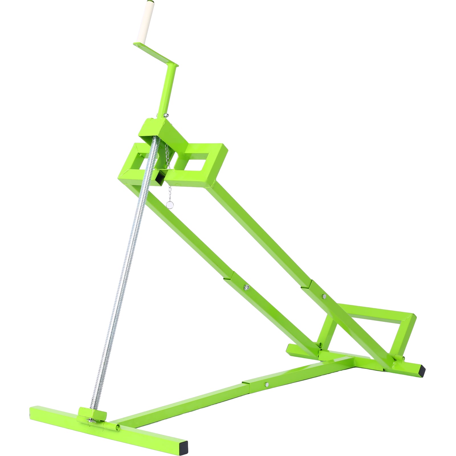 Green metal log splitter with crank and spring mechanism