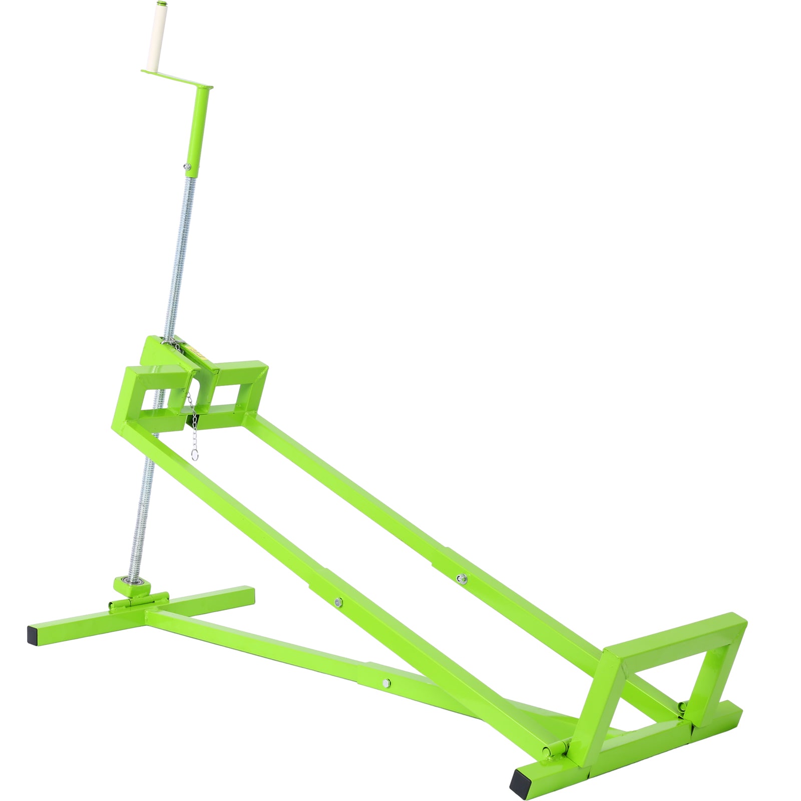 Bright green metal boat trailer stand with adjustable crank mechanism and secure locking pins
