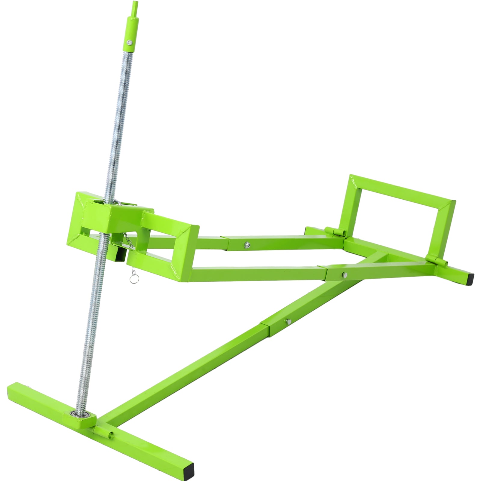 Green metal spring compressor tool adjustable height for auto repair and DIY projects