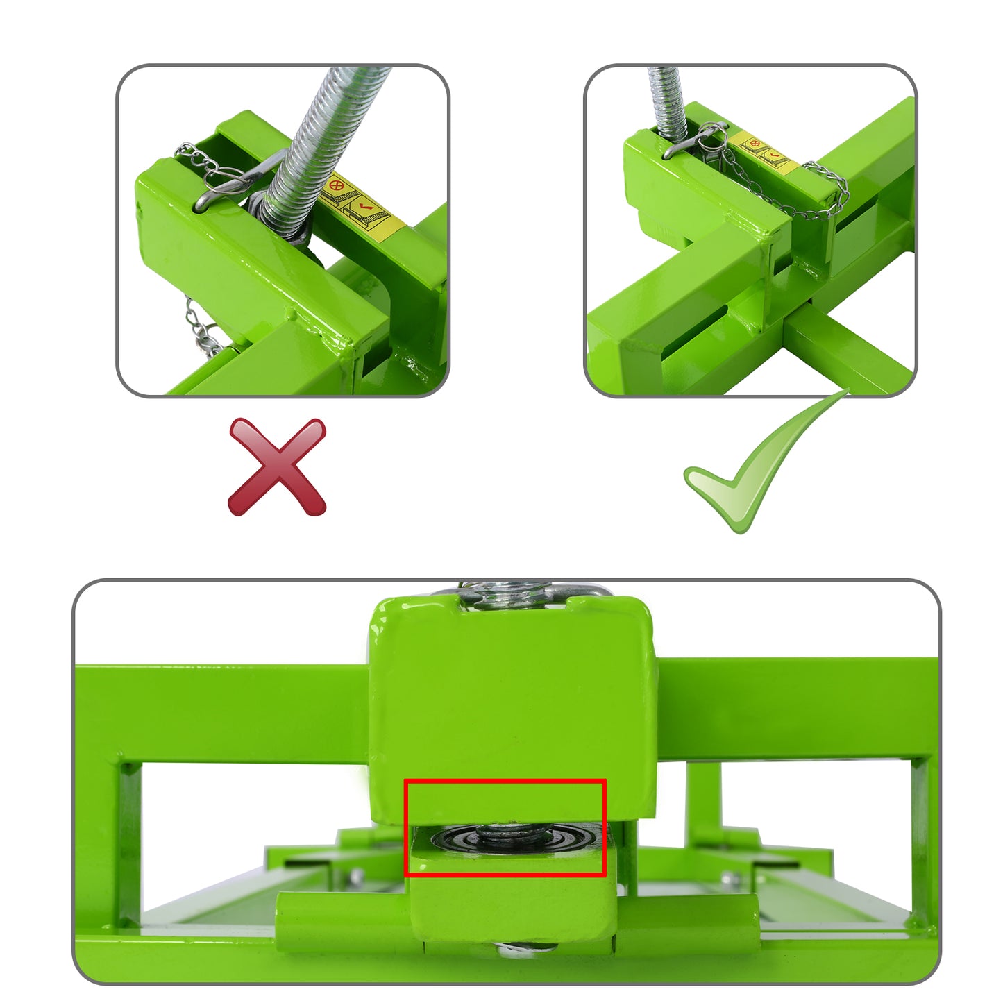 Green metal jack stand locking pin mechanism with secure chain attachment