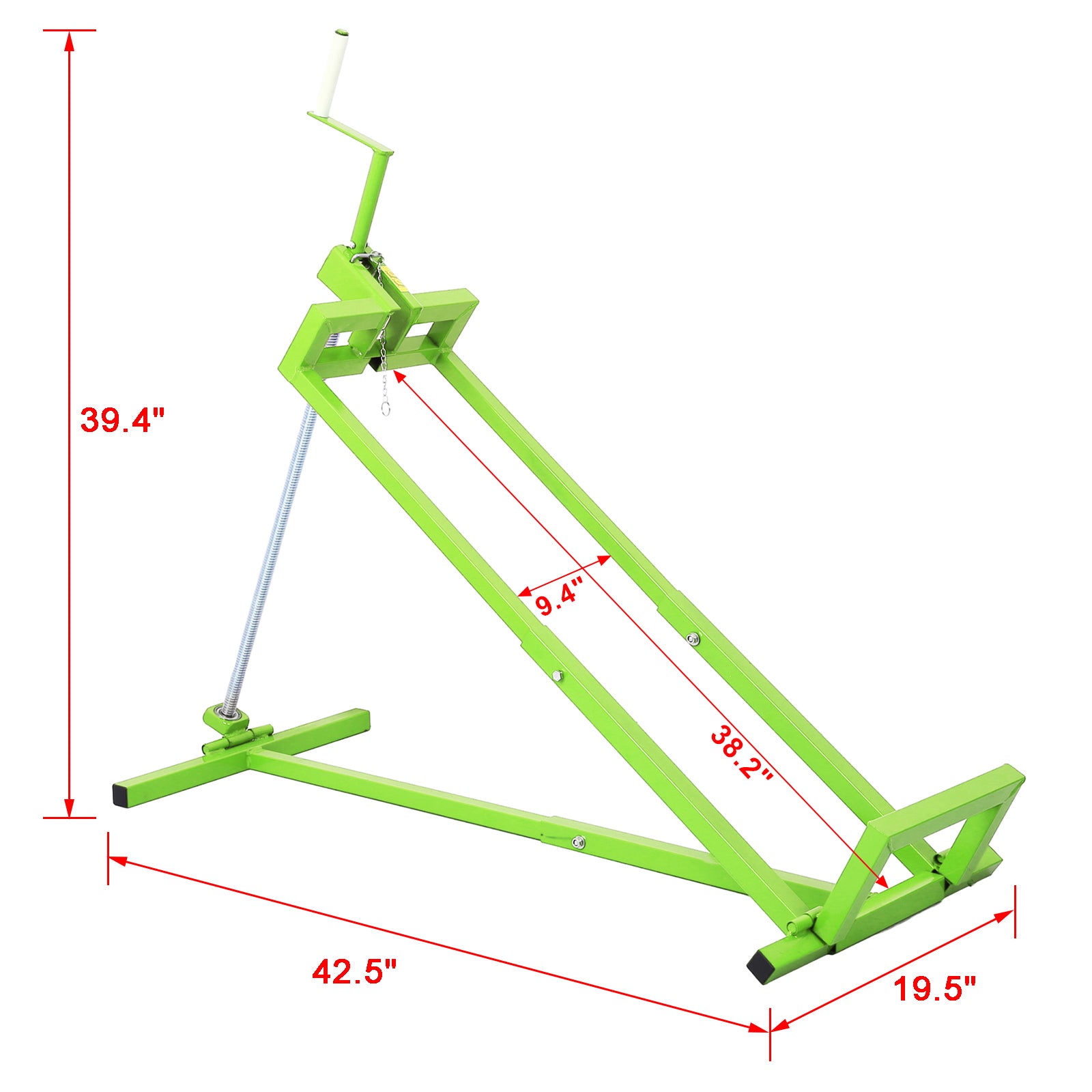 Bright green metal portable motorcycle jack stand with crank for lifting bikes