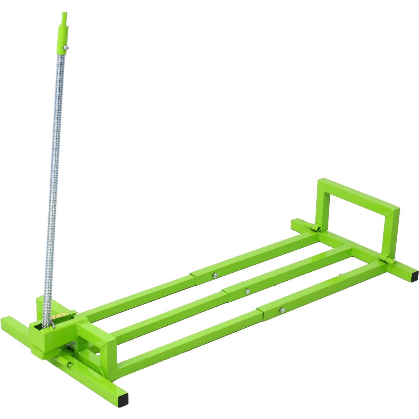 Bright green metal lumber stand with springloaded support for construction tasks