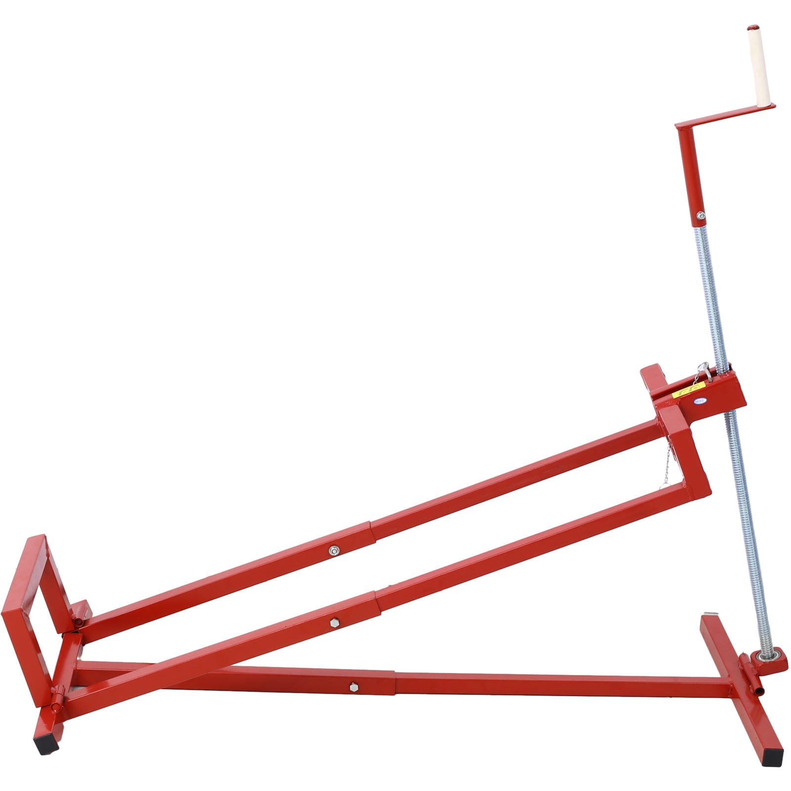Red metal engine hoist stand with adjustable arm and spring mechanism for engine repair